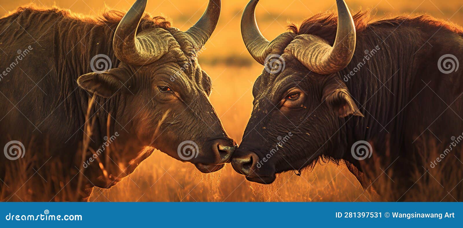 Two African Cape Buffalo Locking Horns In The Golden Hour. Two African ...