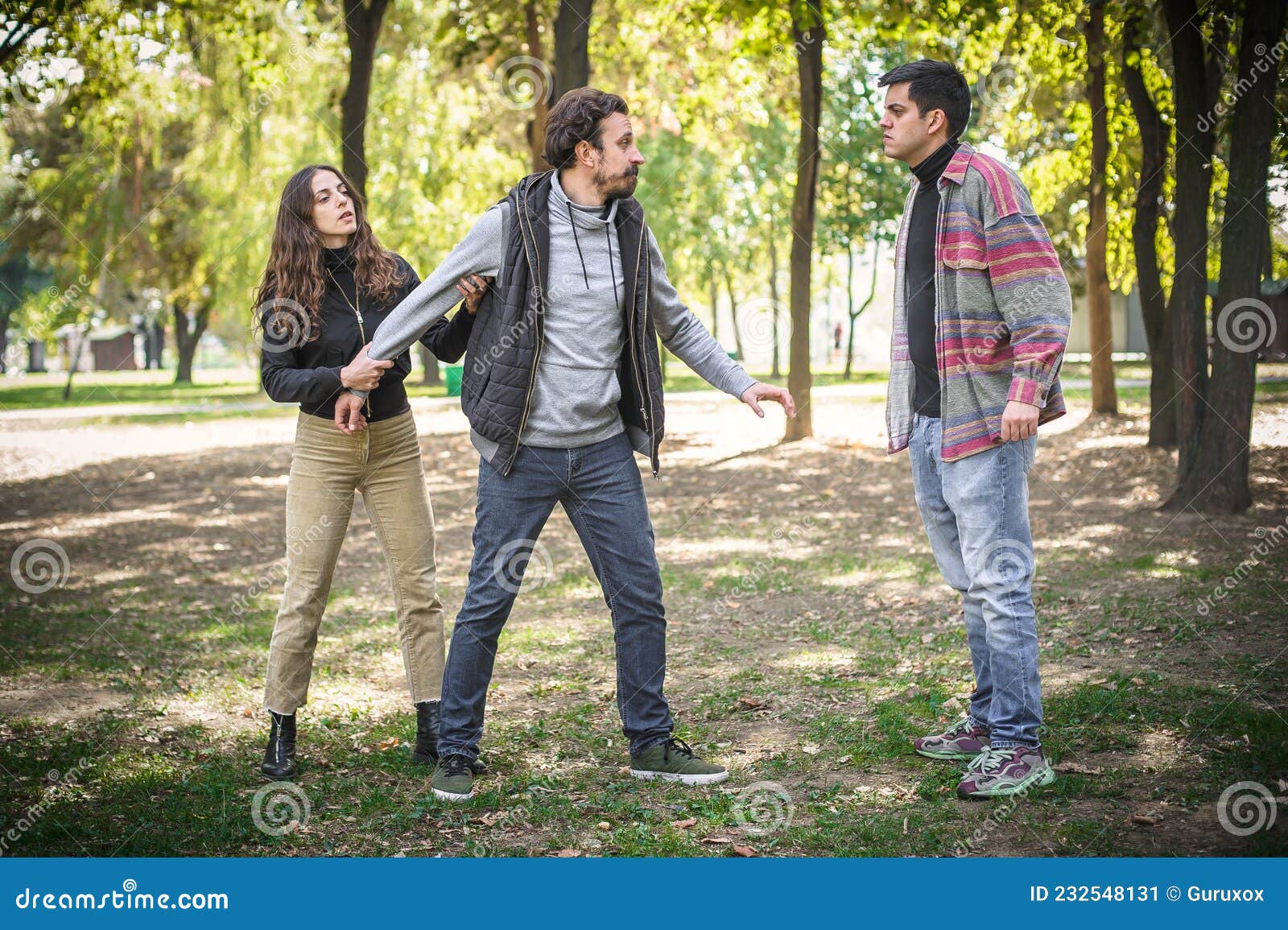 Two Aggressive Men in Quarrel and Woman. Finger Pointing Stock Image ...