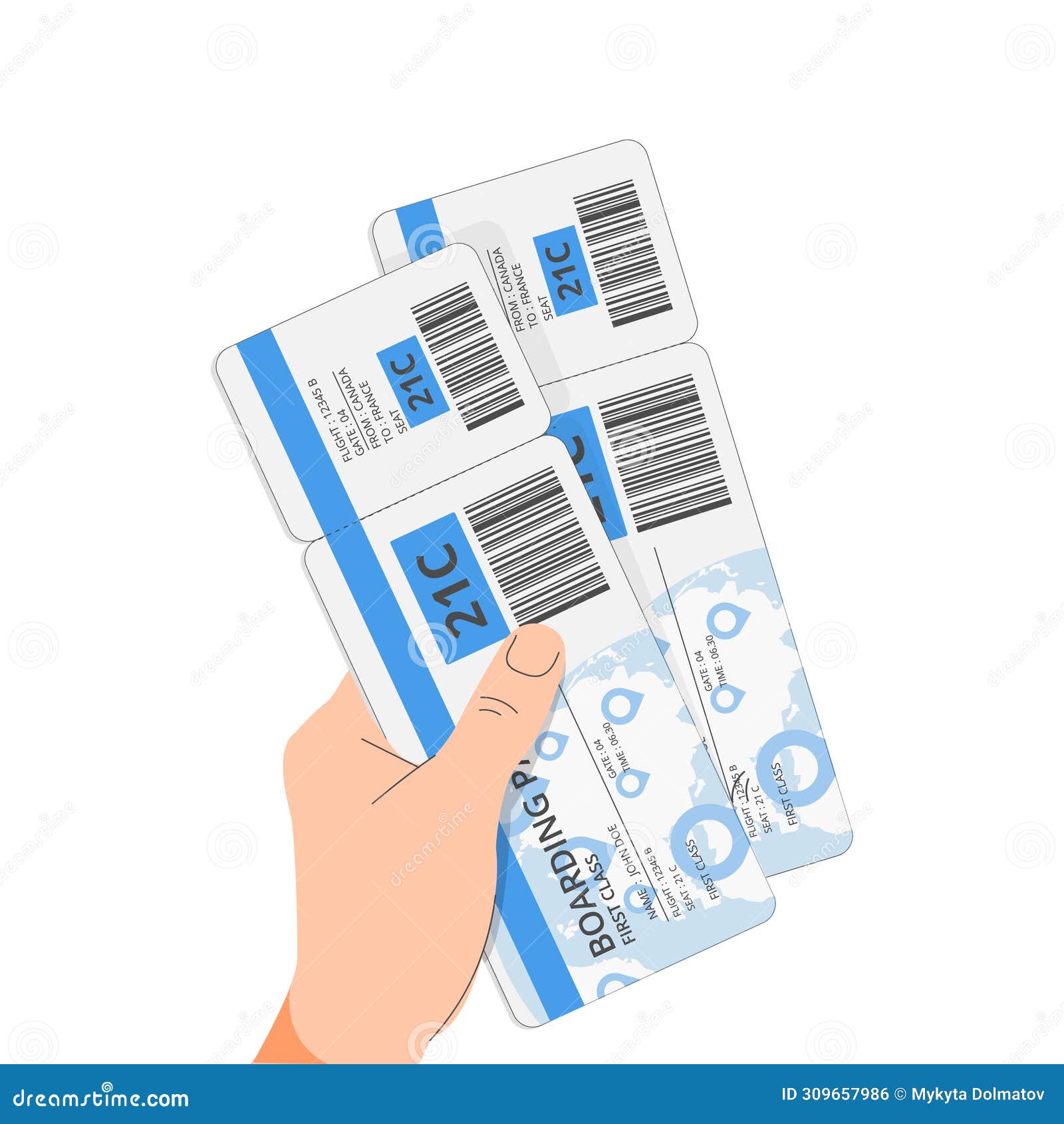 two air flight tickets, boarding passes in hand. tourist, passenger holding checkin papers for airline, airplane travel