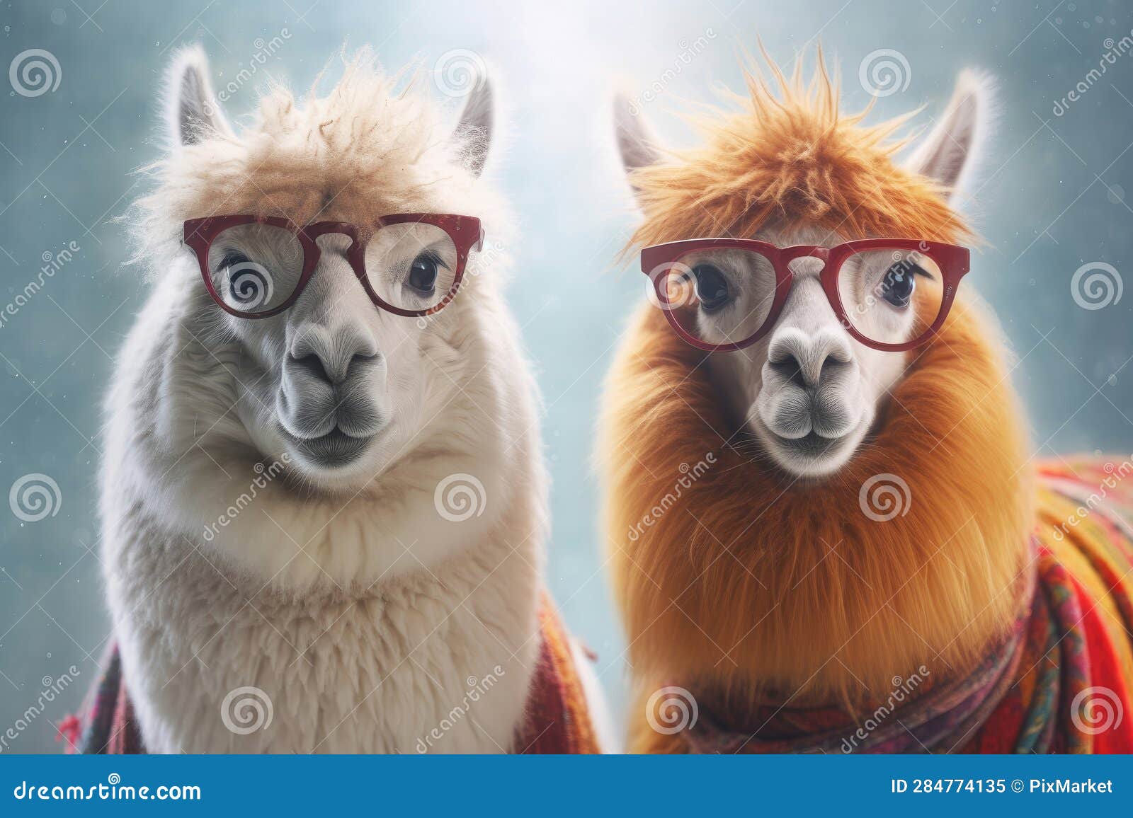 Two Alpacas Wearing Glasses, Generative AI Stock Illustration
