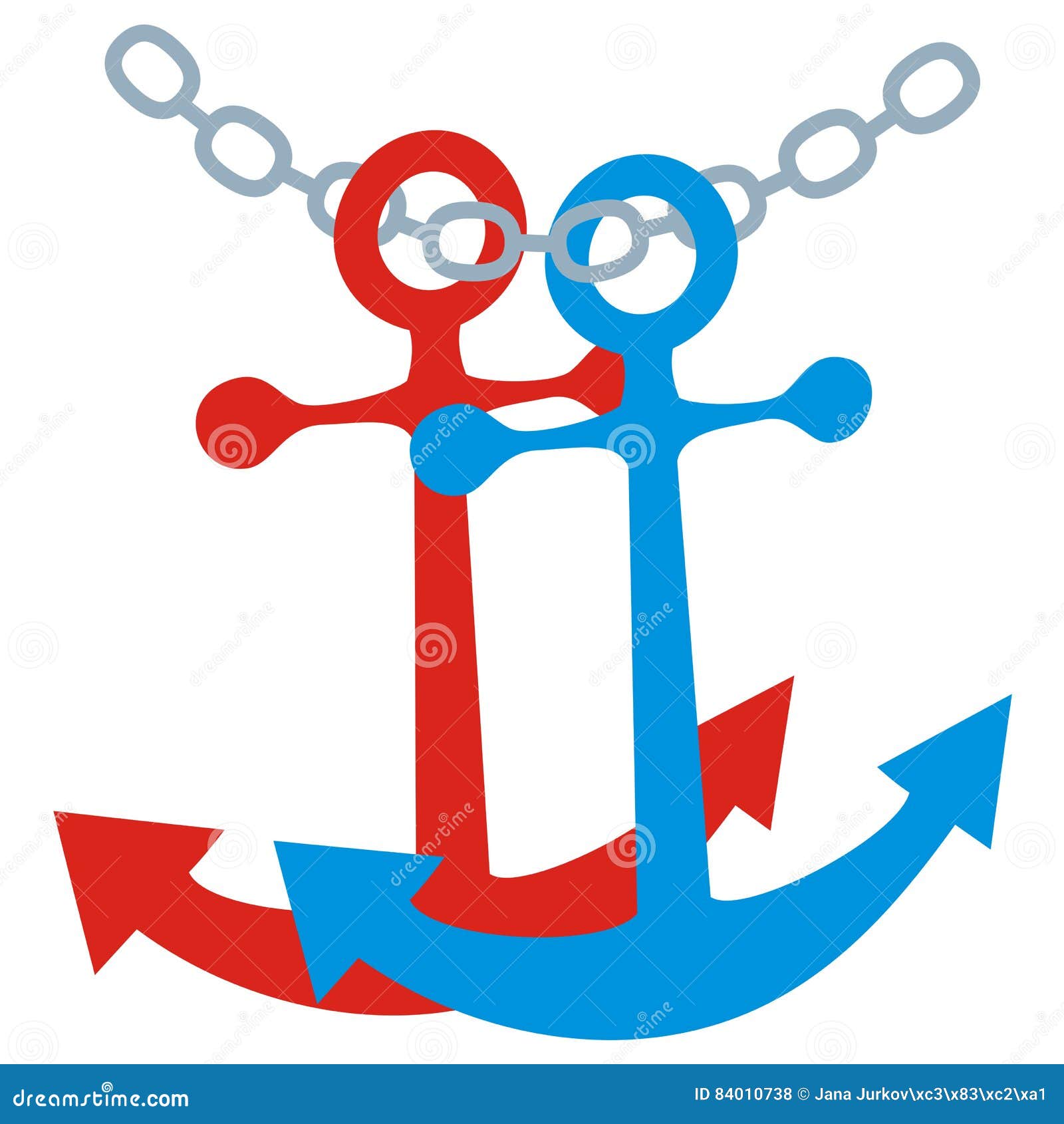 Two Anchor and Chain, Vector Icon. Red and Blue Anchors on the Chain