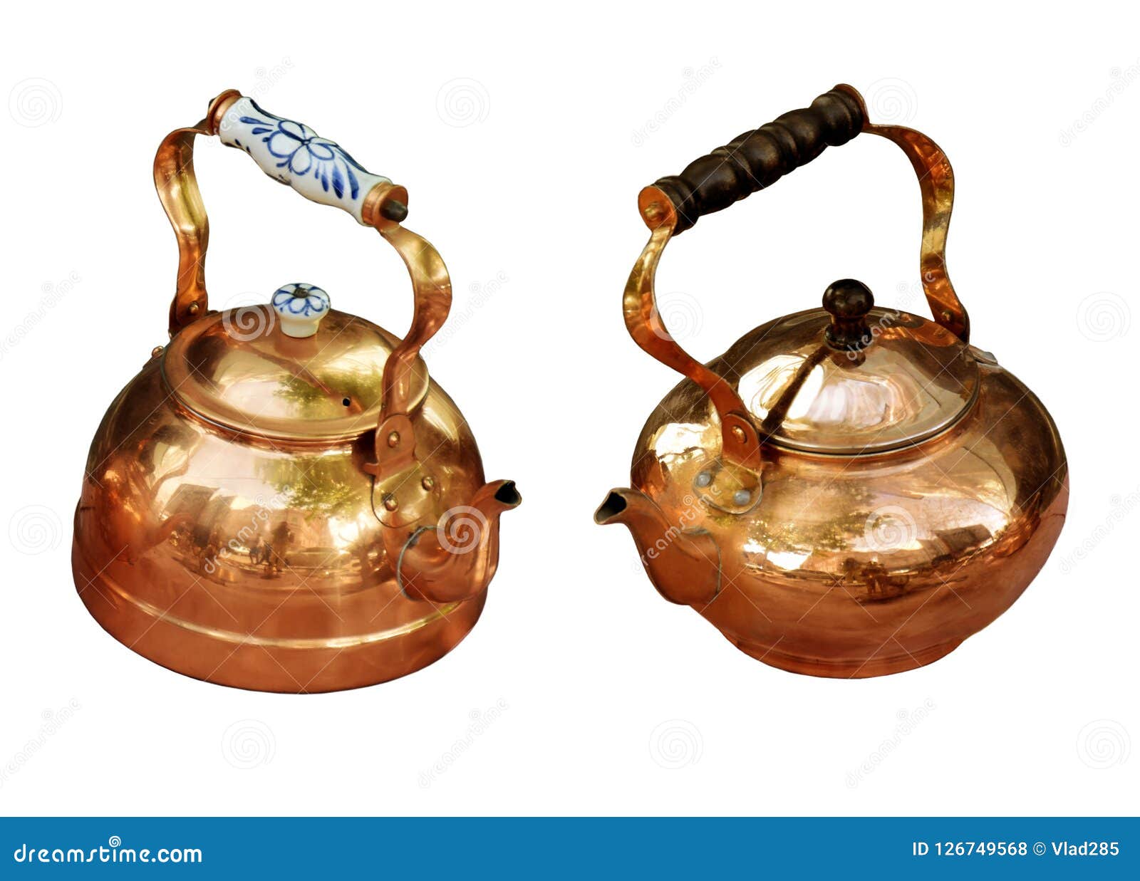 Two Antique Copper Teapots Isolated Stock Photo Image of container