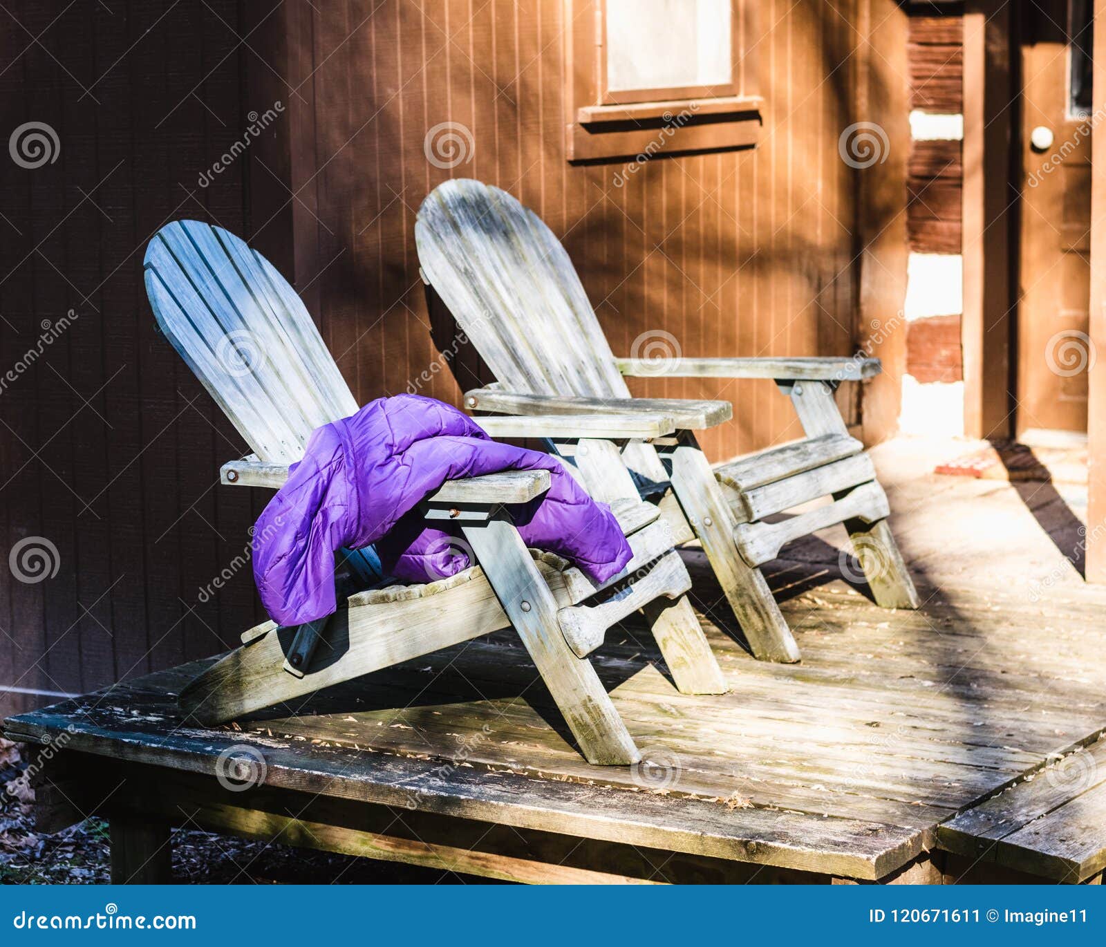 Two Aqua Adirondack Chairs On A Cabin Porch Stock Image Image Of