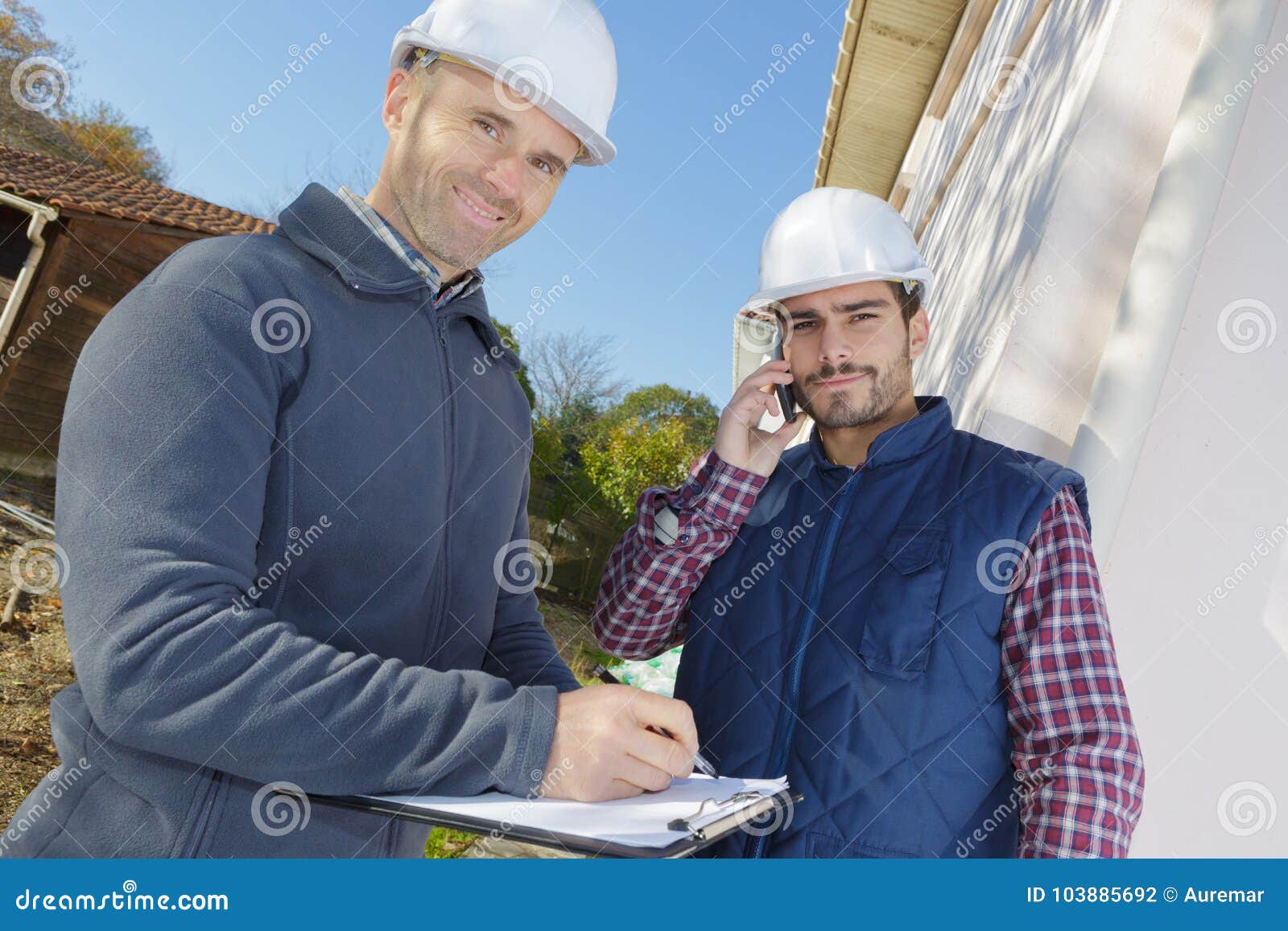 Two Architect Partners Taking Break on Building Site Stock Photo
