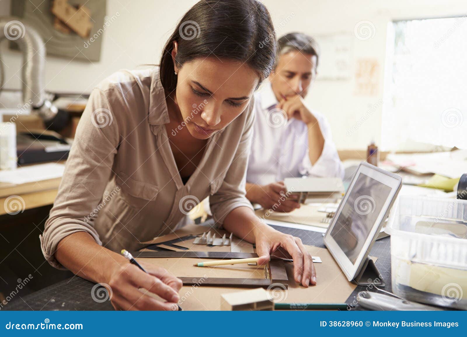 Two Architects Making Models in Office Using Digital Tablet Stock Photo ...