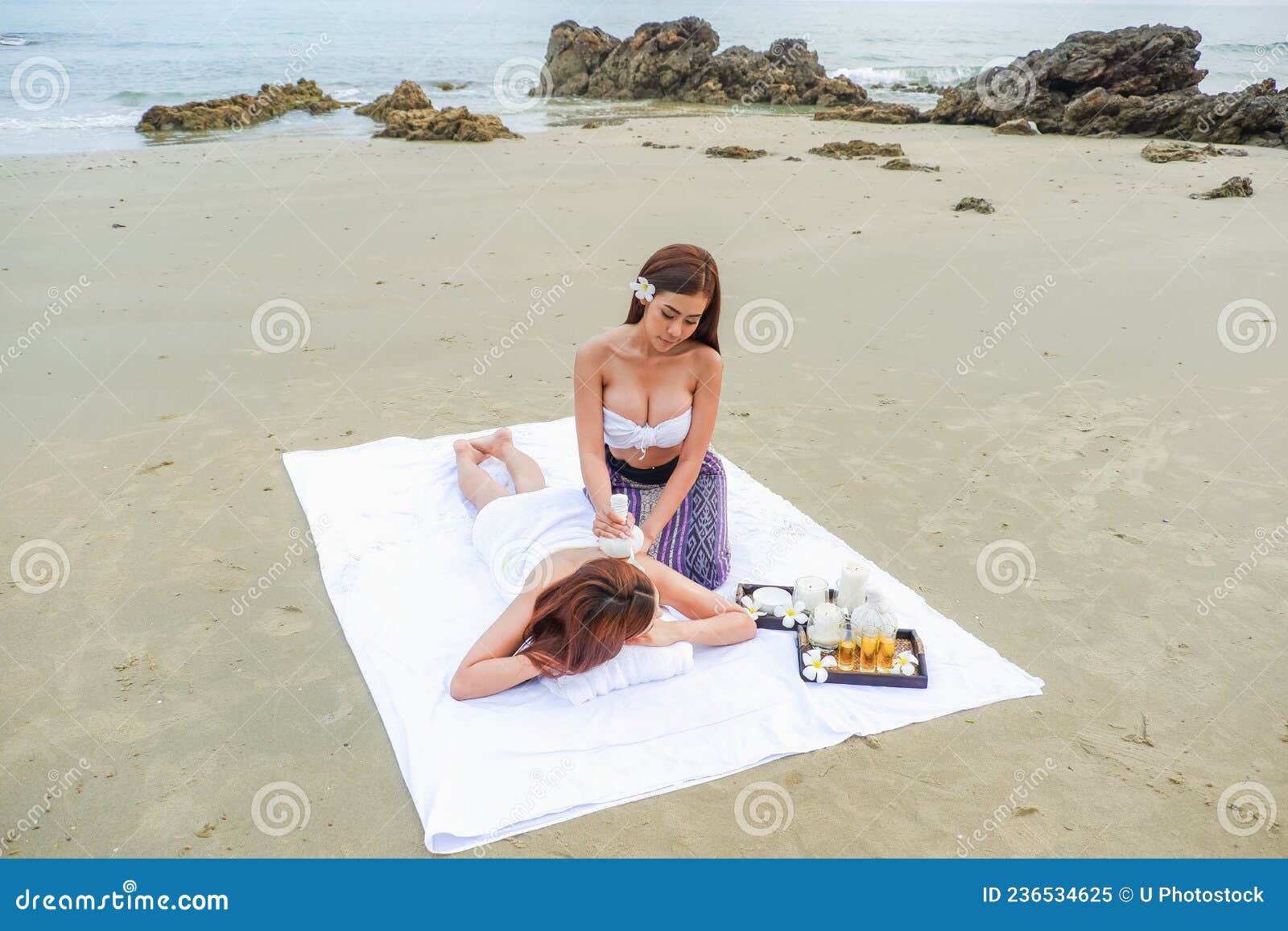 Two Asia Women Doing Spa Massage Together On The Tropical Beach Stock Image Image Of Back