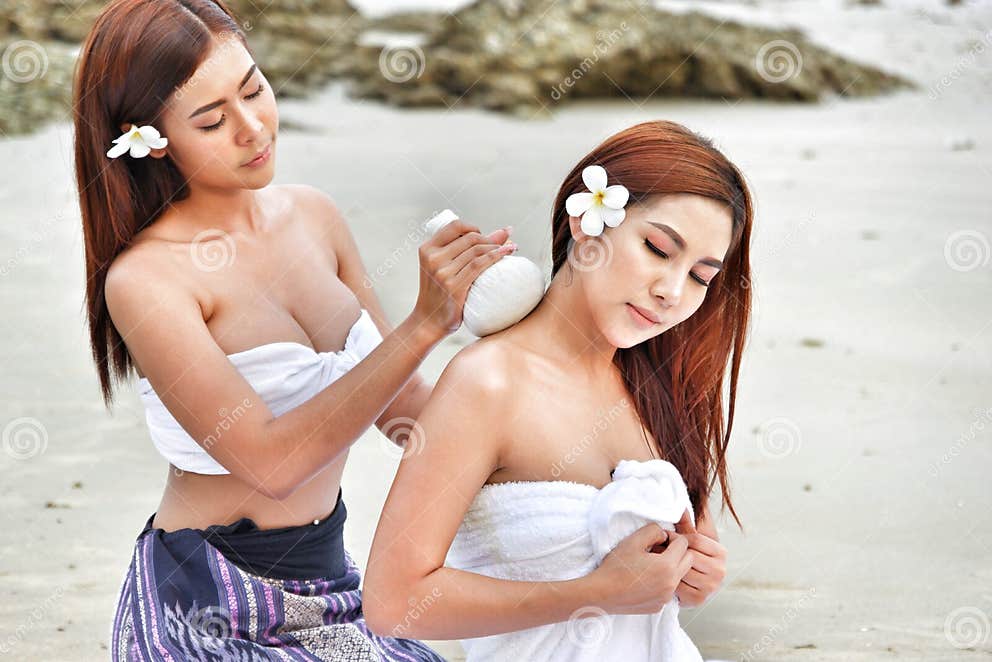 Two Asia Women Doing Spa Massage Together On The Tropical Beach Stock Image Image Of Healthy