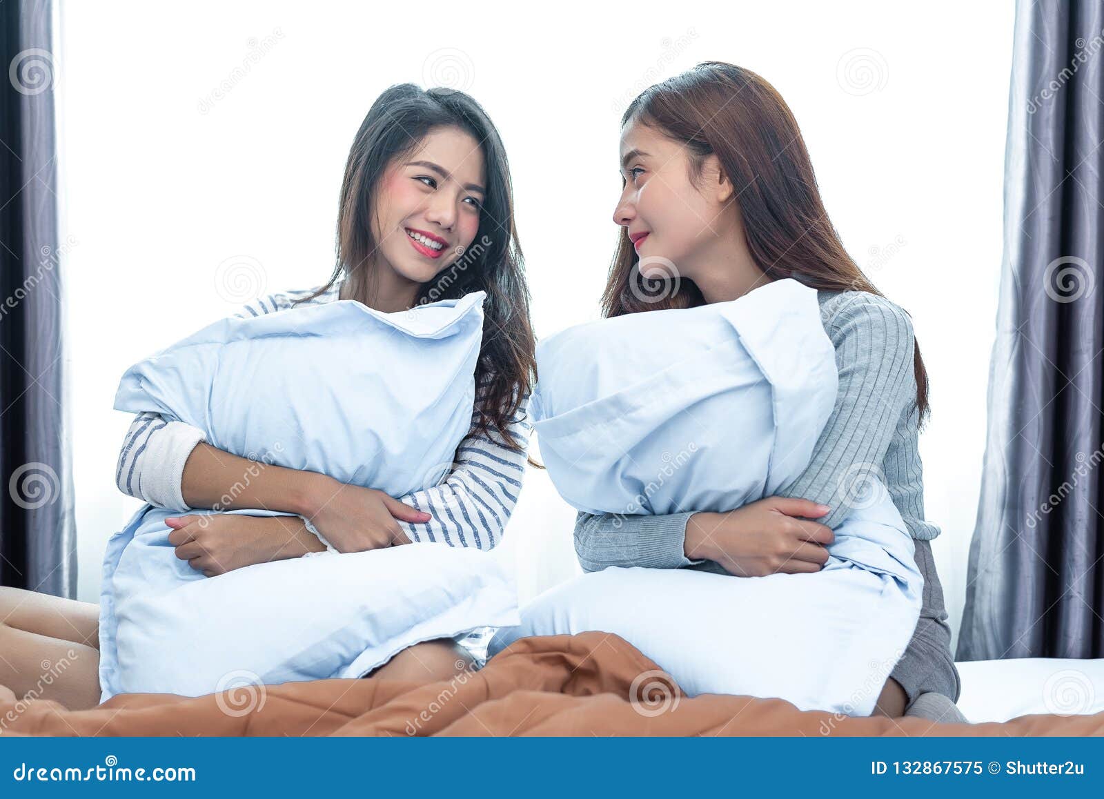 Two Asian Lesbian Looking Together In Bedroom Beauty Concept Stock Image Image Of Bright