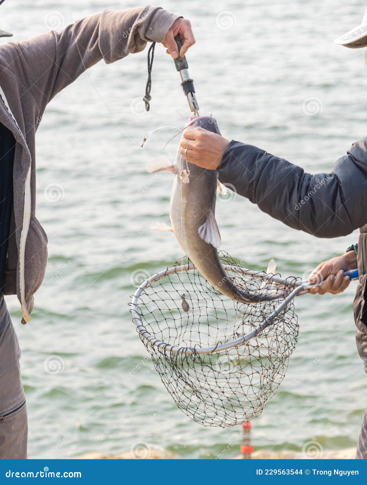 Two Asian Men with Fish Lip Gripper and Landing Net Catching the