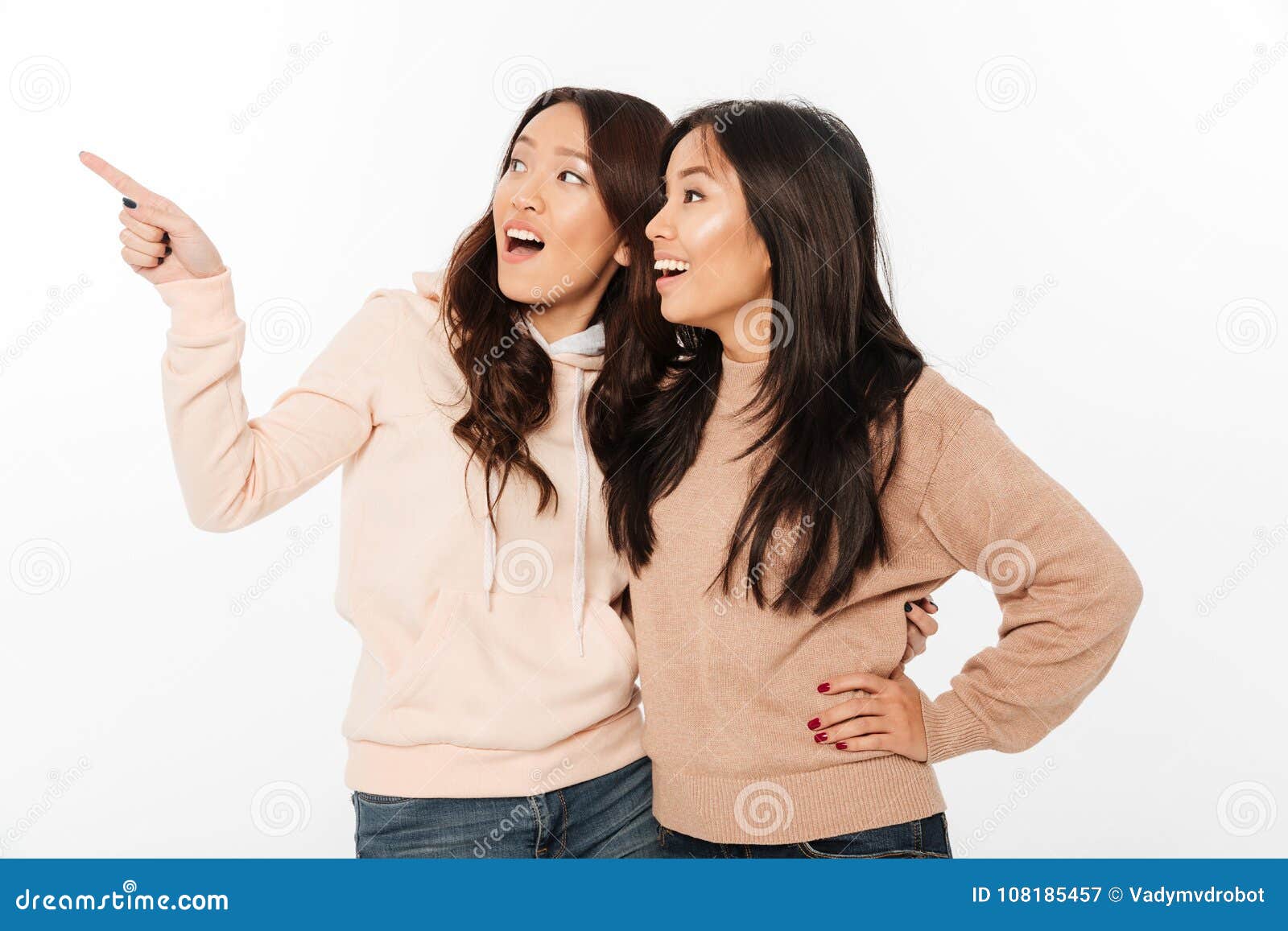 Two Asian Pretty Happy Ladies Sisters Hugging Pointing Stock Image Image Of Relaxation