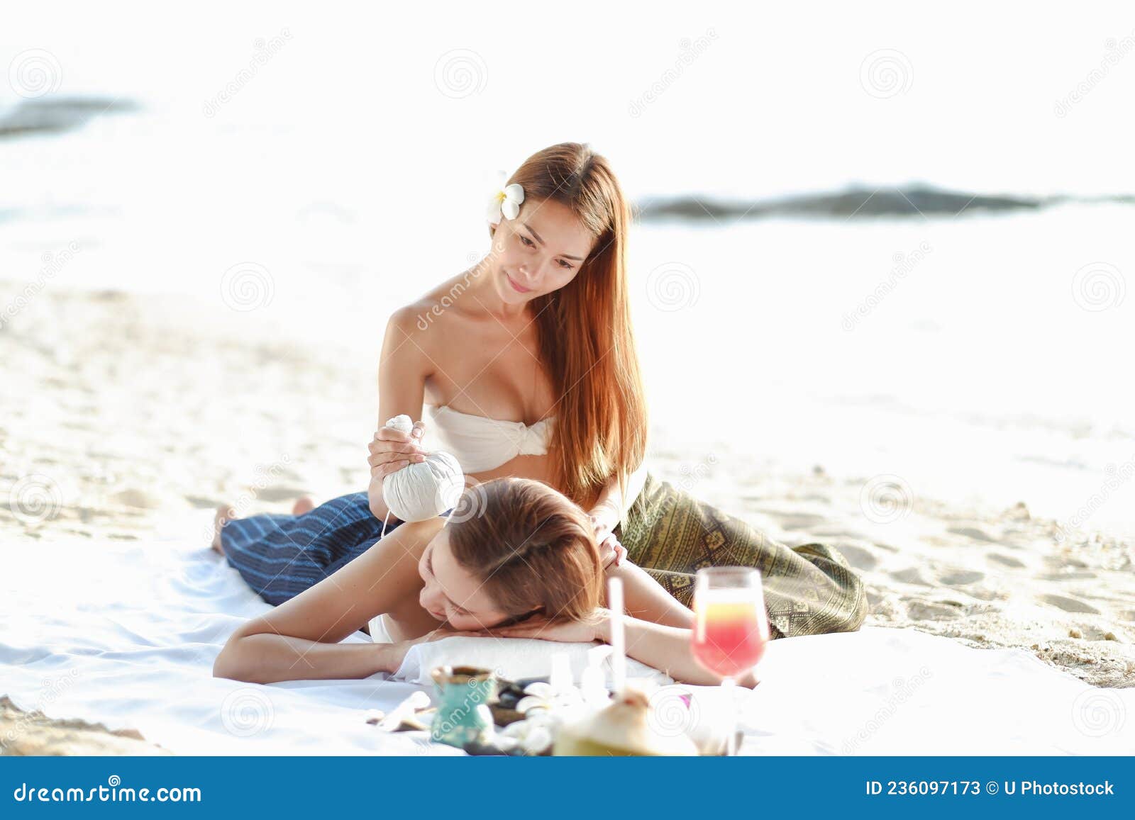 Two Asia Women Doing Spa Massage Together On The Beach Stock Image Image Of People Female