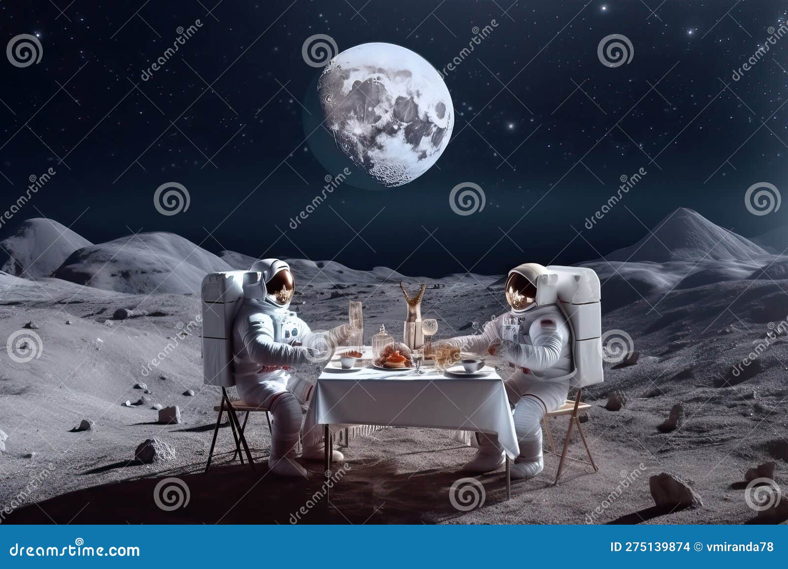 Two Astronauts Sitting At Table And Having Dinner On The Moon Two Astronauts Sitting At Table And Having Dinner On The Moon