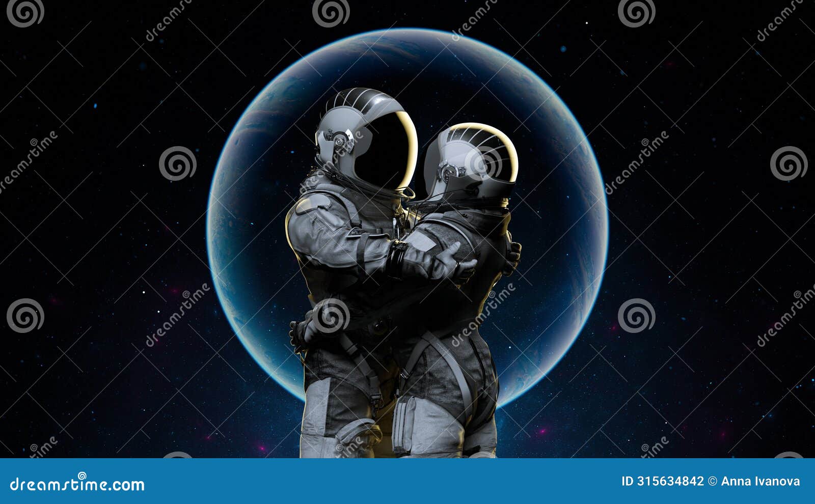 two astronauts in a tender embrace against the backdrop of a luminous earth, under a starlit sky. love. 3d render