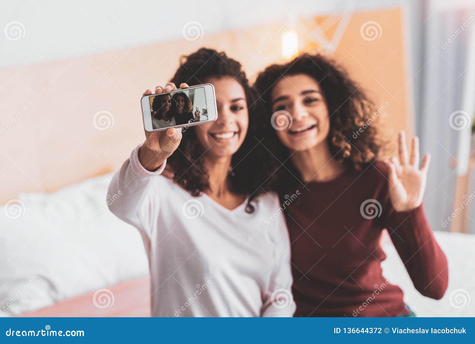 Two Attractive Friends Making Memorable Photo Stock Photo - Image of ...