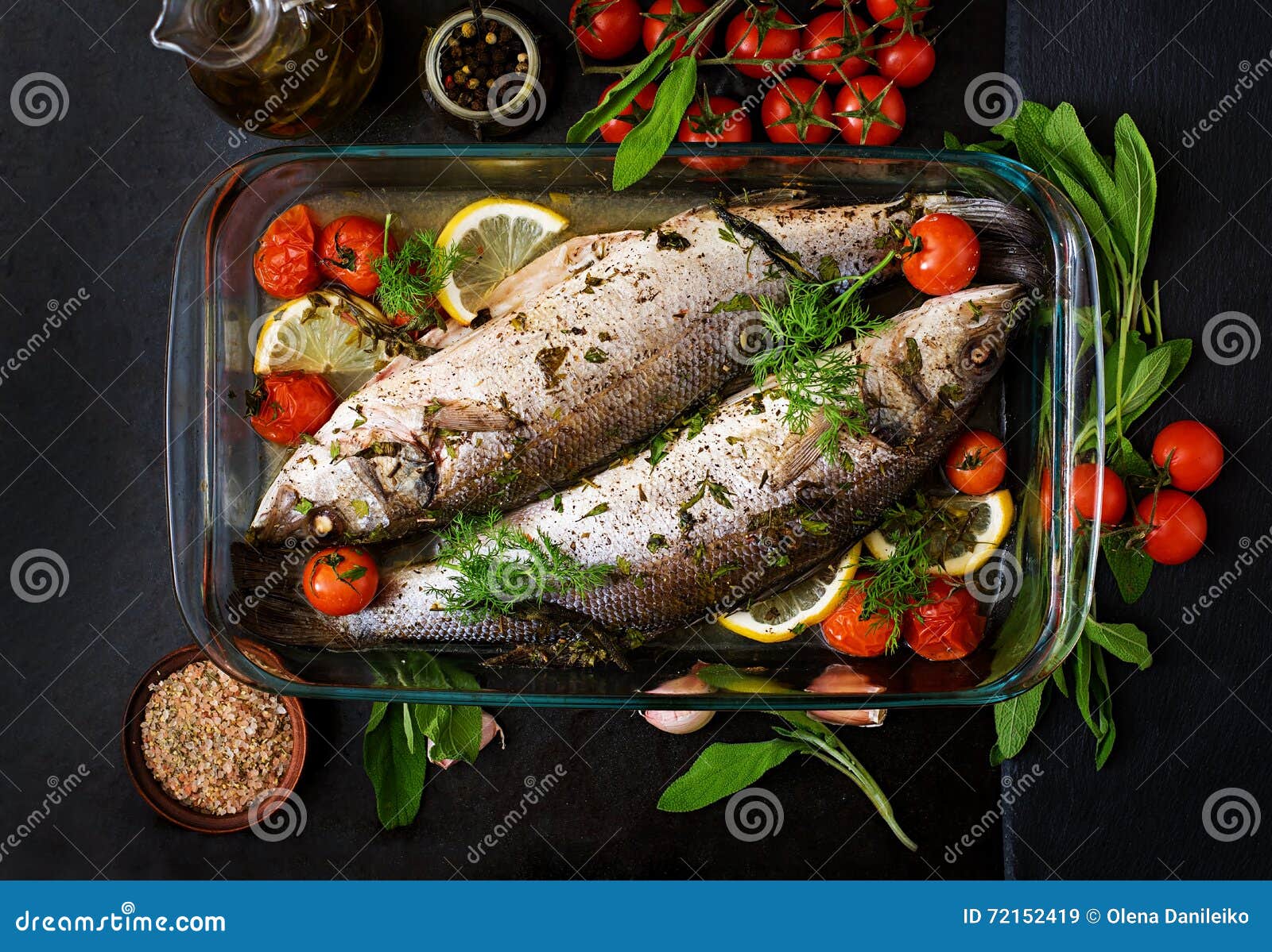 Two baked seabass stock image. Image of lemon, mediterranean 72152419
