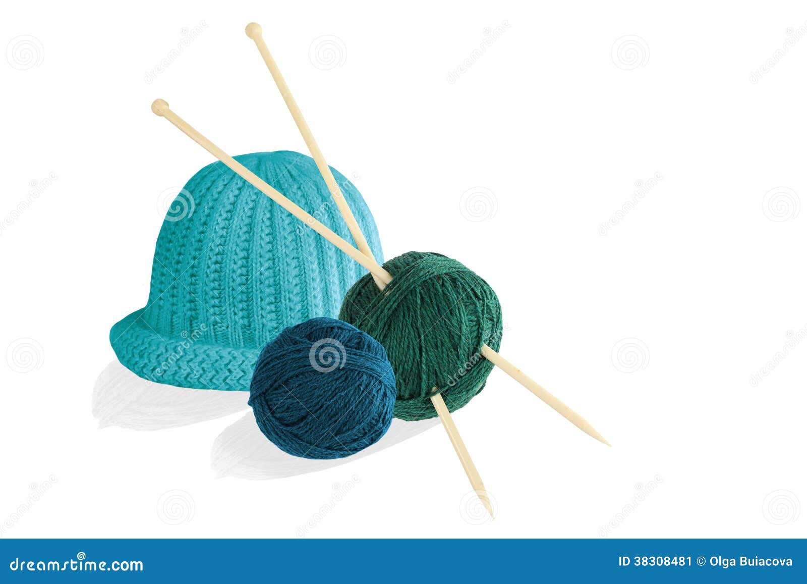 Two Balls of Wool with Knitting Needles and Cap Isolated on Whit Stock