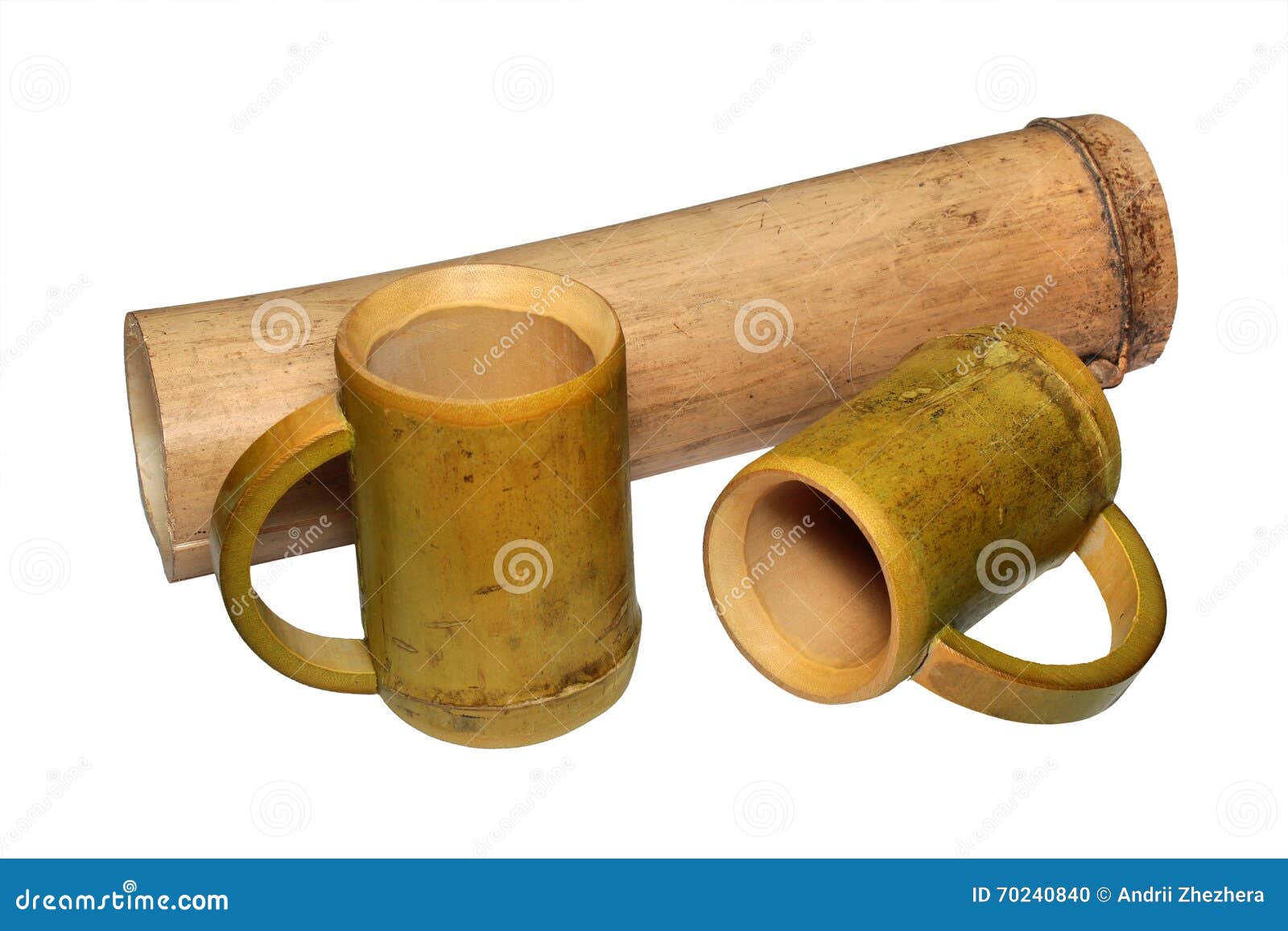 Two Bamboo Cups and Dry Bamboo Stalk Isolated on White Backgroun Stock