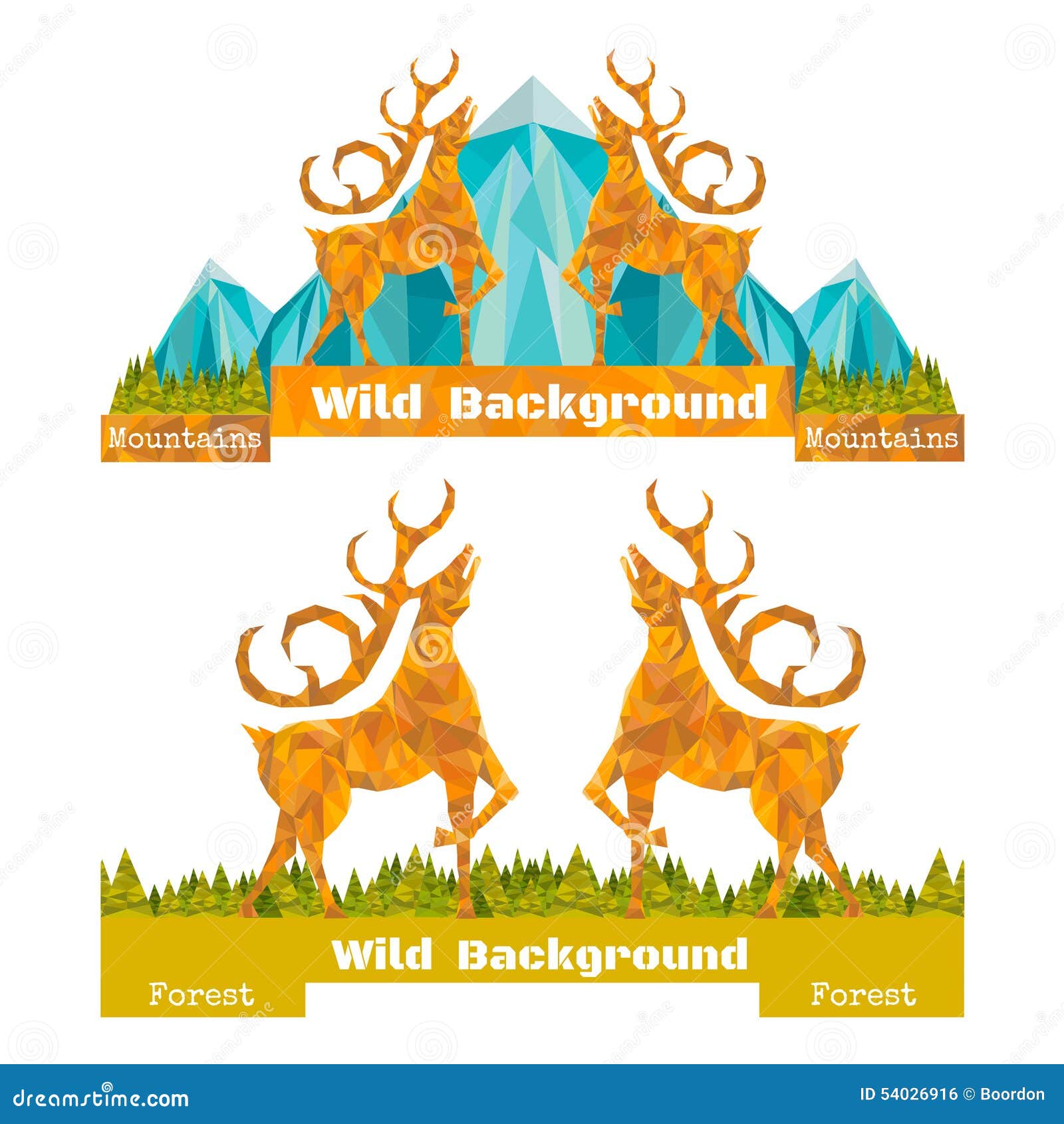 two banner crumpled paper background with deer opposing and forest and mountains on horizon