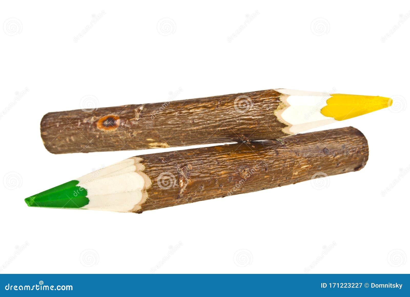 Two Bark Covered Branch Colored Pencils Isolated on White Background