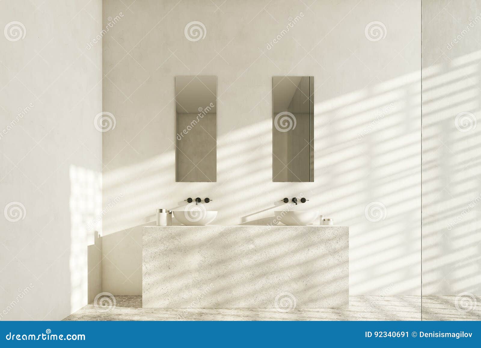 two bathroom sinks front view white narrow rectangular mirrors hanging above them d rendering 92340691