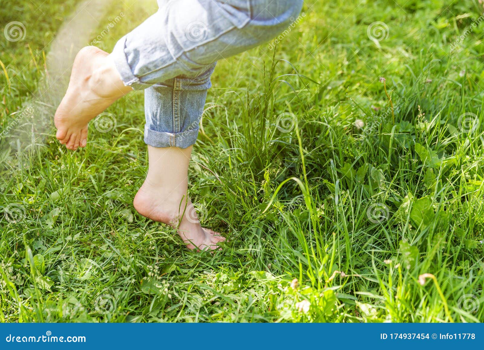 Two Beautiful Female Feet Walking on Grass in Sunny Summer Morning ...