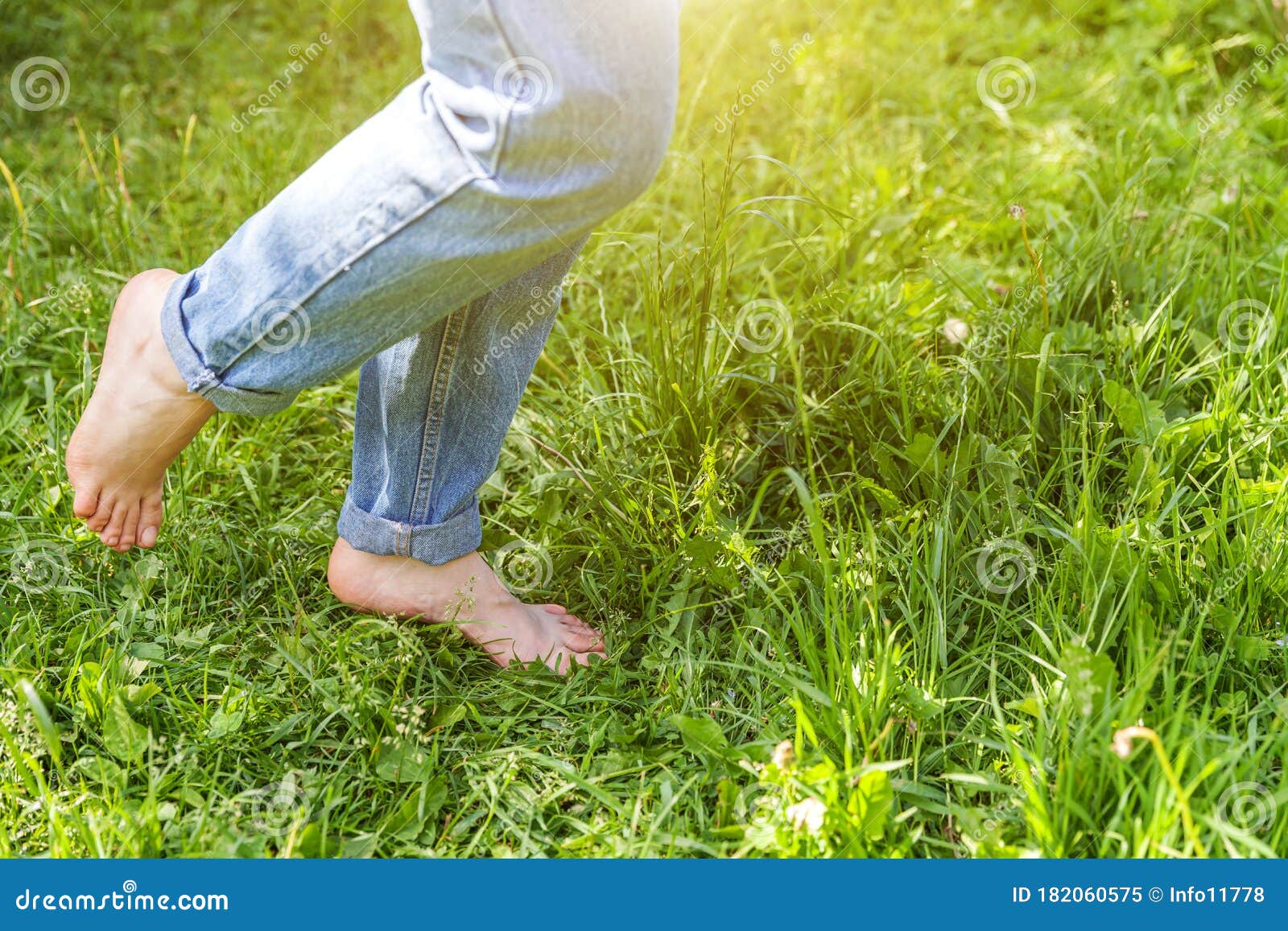 Two Beautiful Female Feet Walking on Grass in Sunny Summer Morning ...