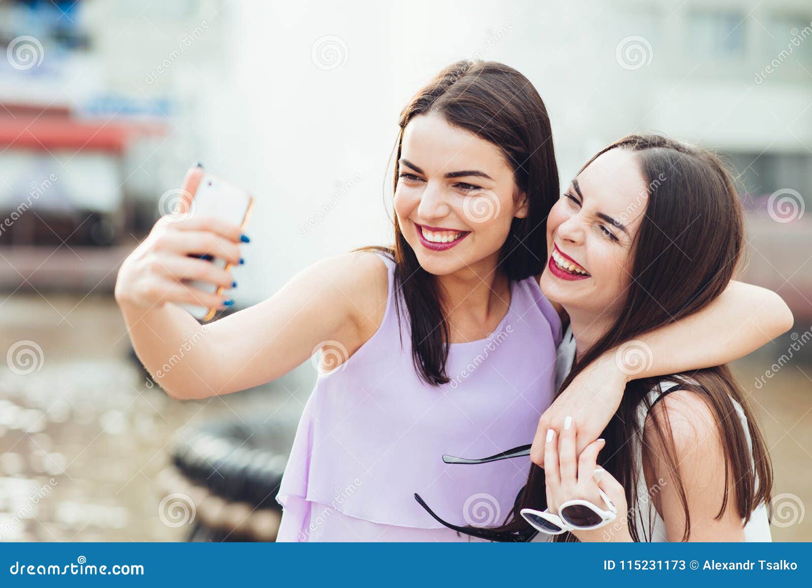 Two Beautiful Sisters Do Selfie on the Street Stock Image - Image of ...