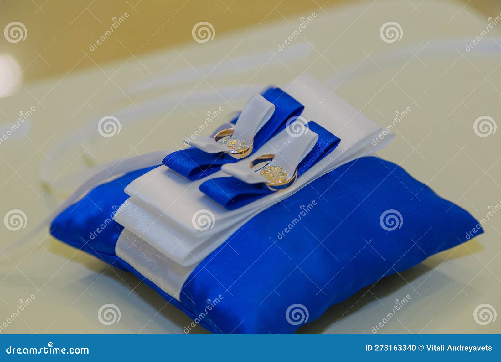Two Beautiful Gold Rings on a Small Pillow at a Wedding Ceremony Stock Photo Image of knitted