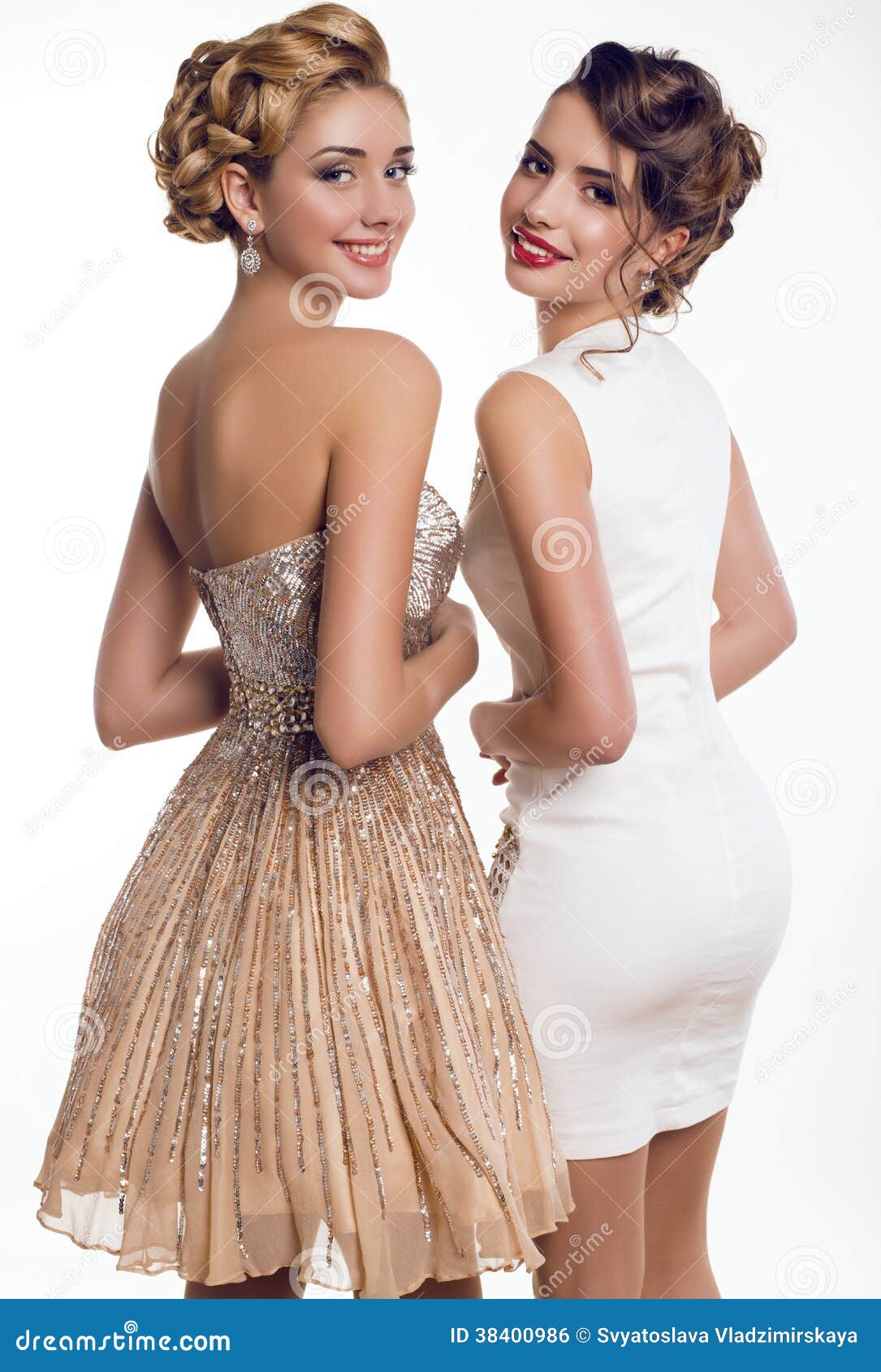 Two Beautiful Young Girls in Elegant Dresses Stock Photo Image of