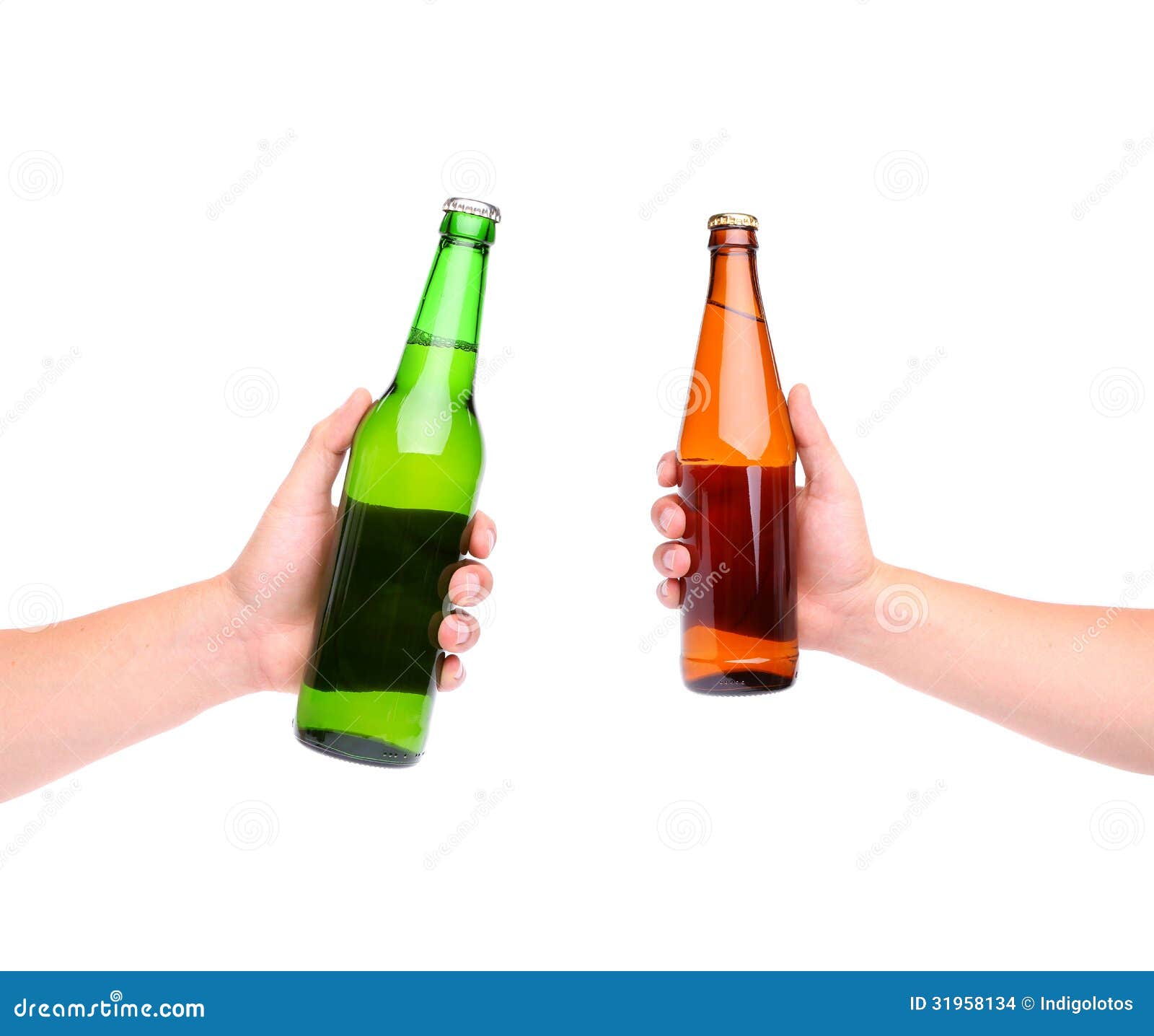 Two beer bottles and hands stock photo. Image of beer 31958134