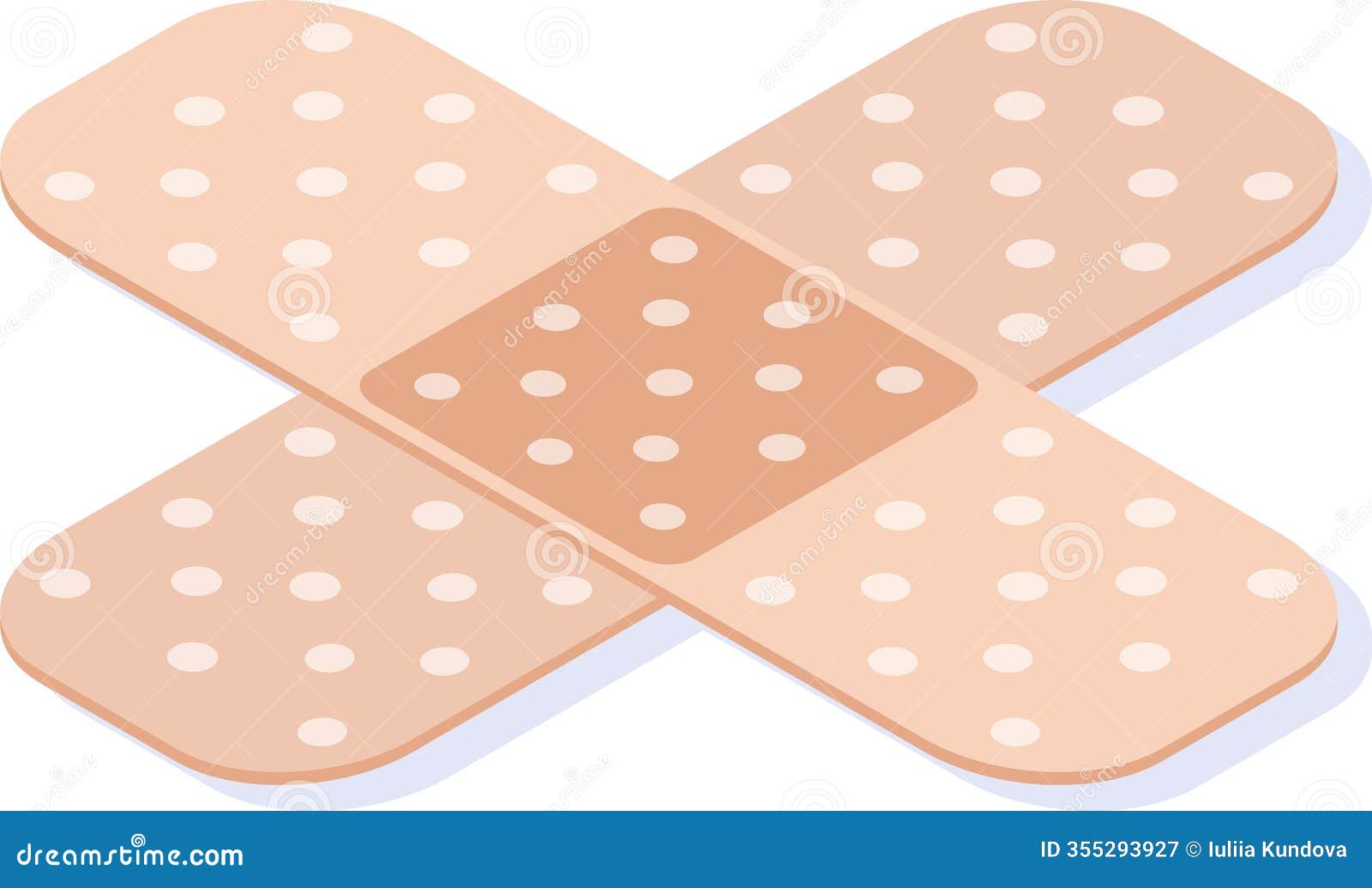 two beige adhesive bandages with white dots are crossing each other, creating an x  against a white background