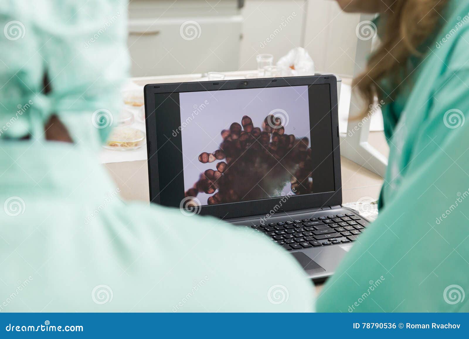 Microscope And Enlarged Cells On A Computer Screen RoyaltyFree Stock