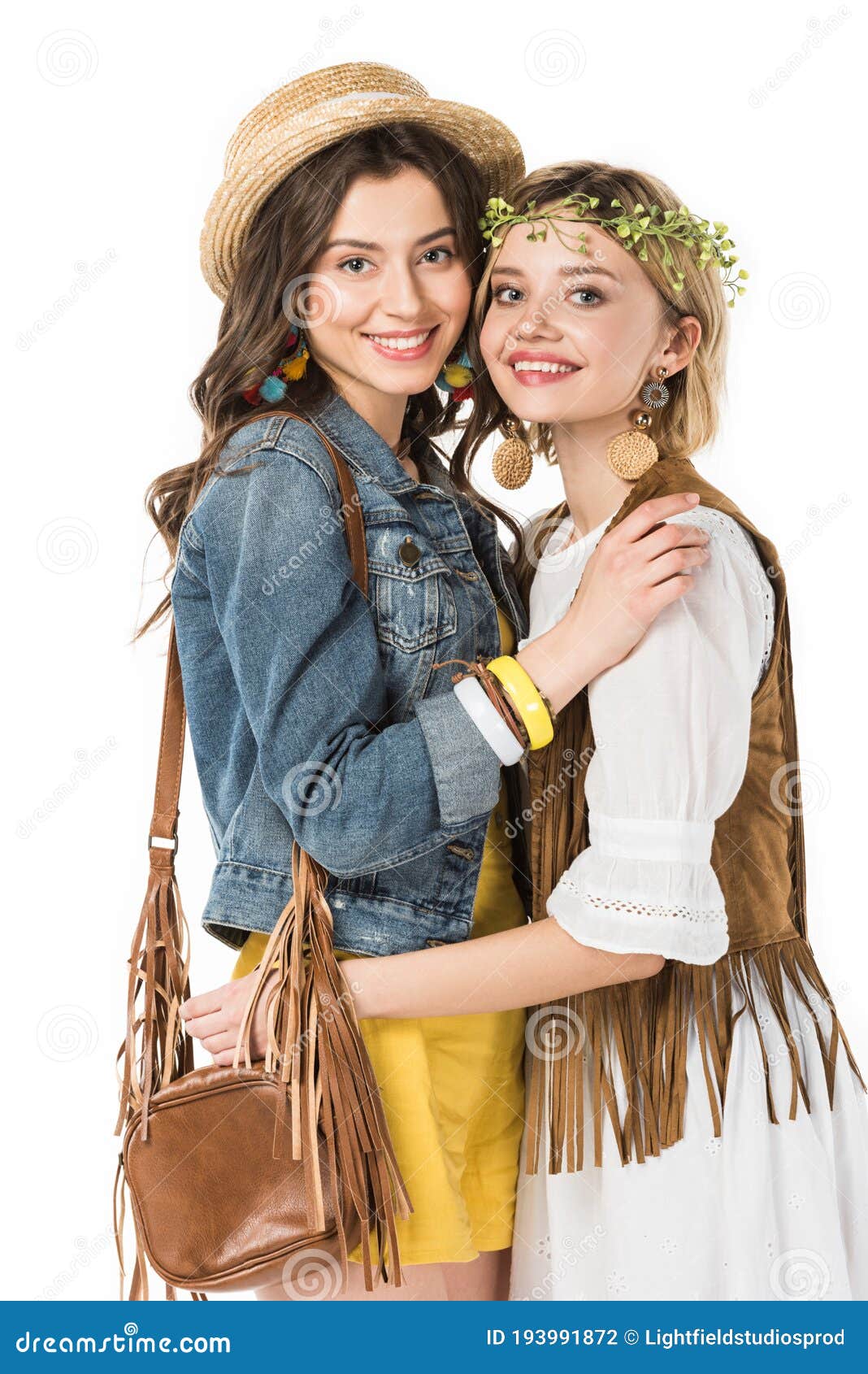 bisexual hippie girls embracing  on white