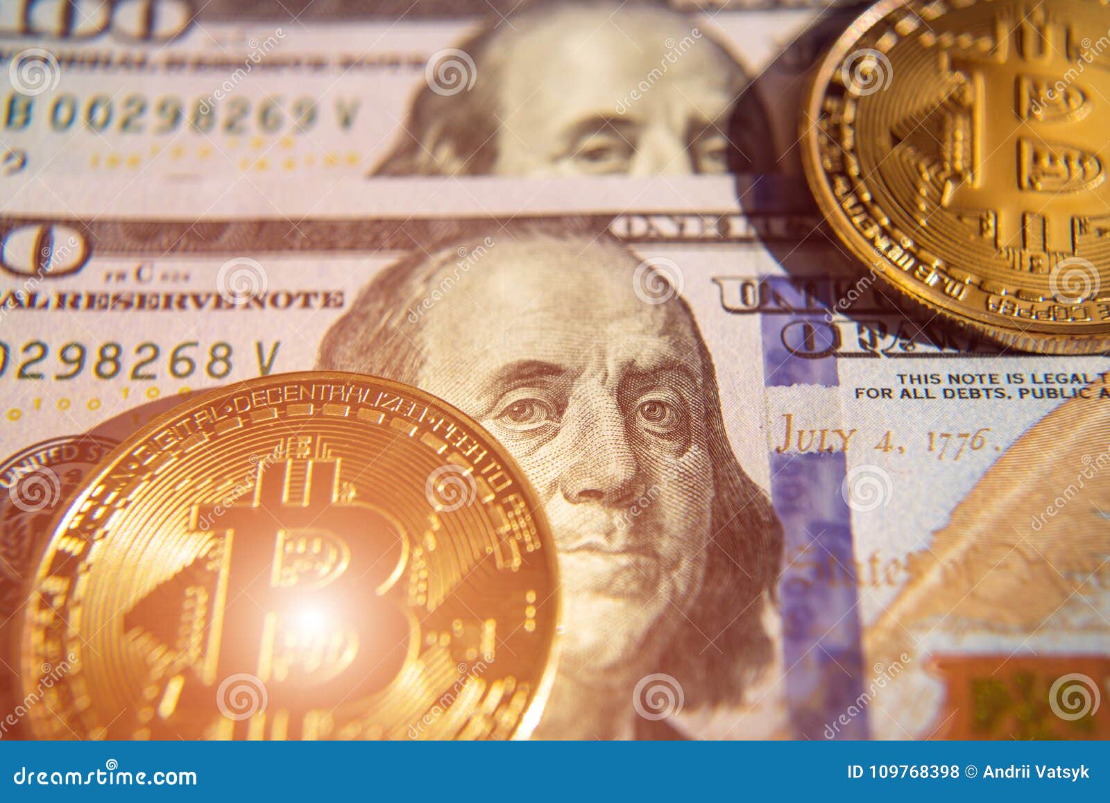 Two Bitcoins On Dollar Bills Investment Course Change Concep - 