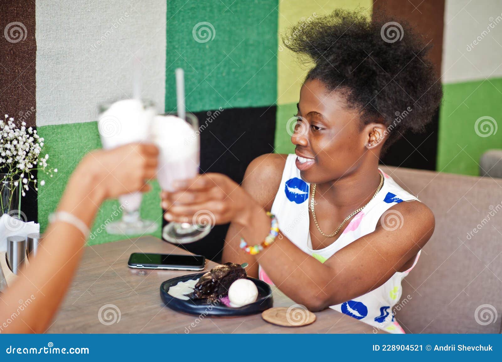 Two Black African Girlfriends at Summer Dresses Posed at Caf pic