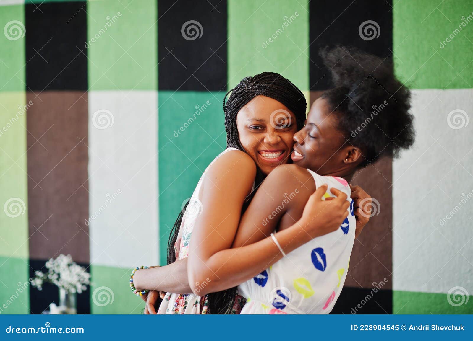 Two Black African Girlfriends at Summer Dresses Posed at Caf