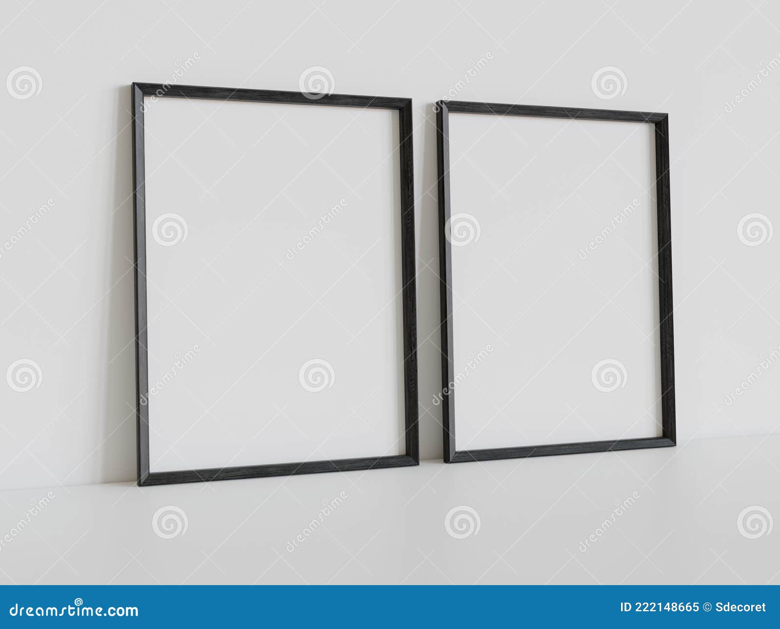 Two Black Frames Leaning on White Floor in Interior Mockup. Template of
