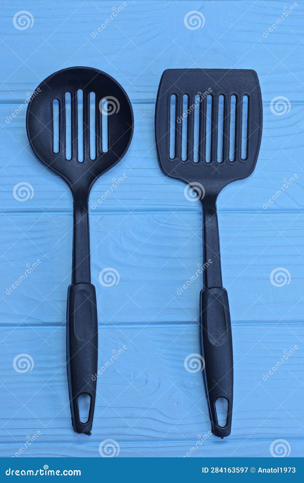 Two Black Plastic Kitchen Utensils Stock Image Image of handle, black