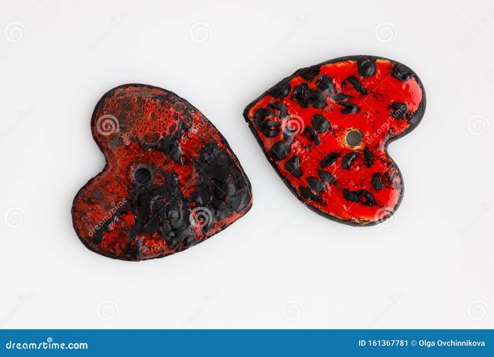 two black and red ceramic heart. two glazes, handmade, ooak