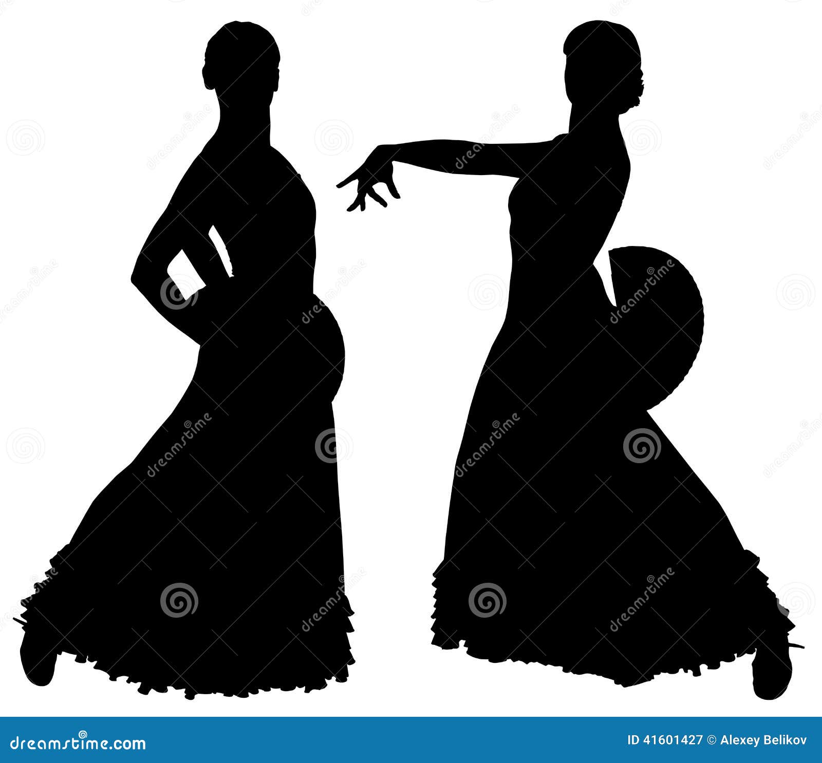 Two black silhouettes of female flamenco dancer on the white background for your design