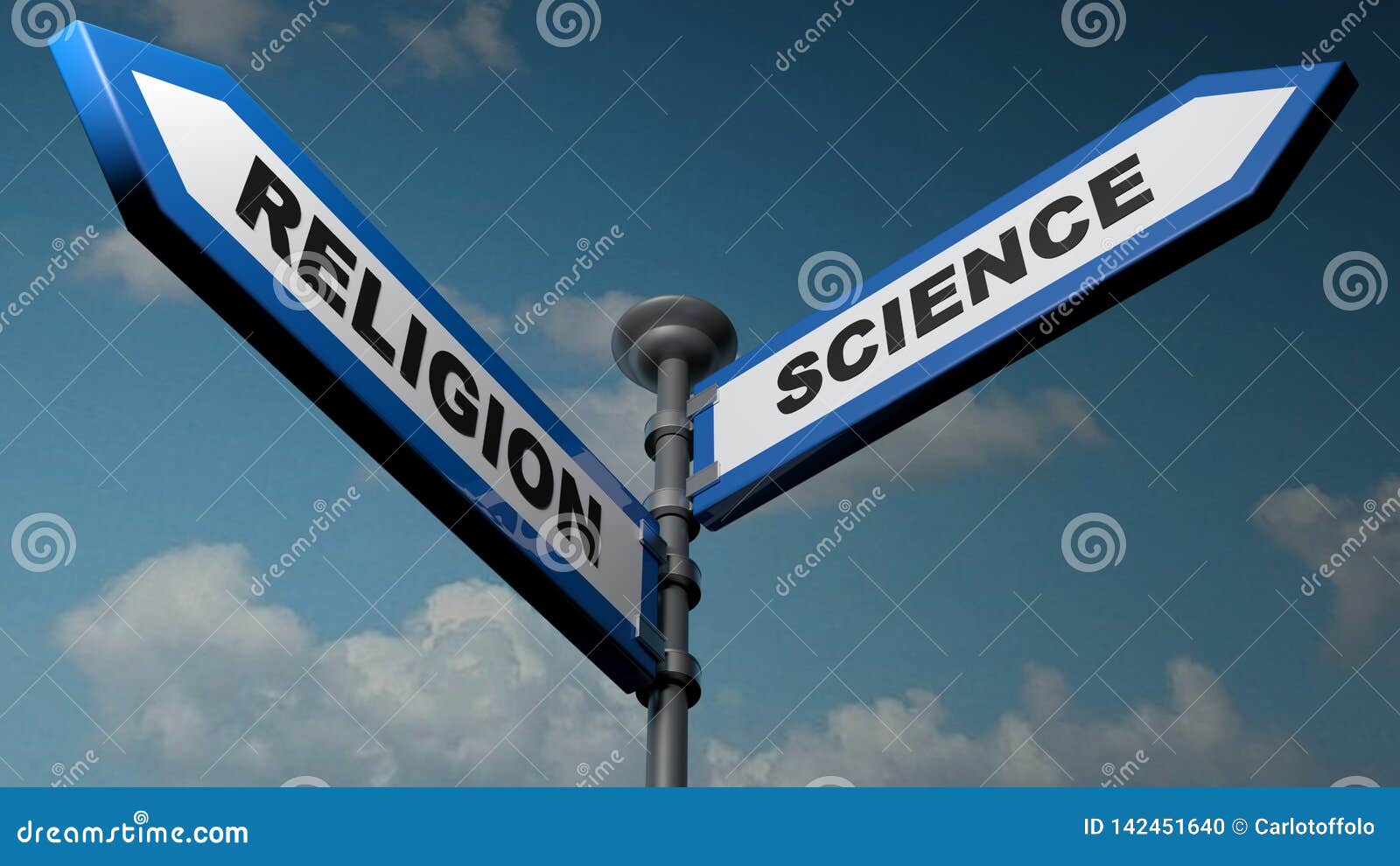 religion - science street signs - 3d rendering 