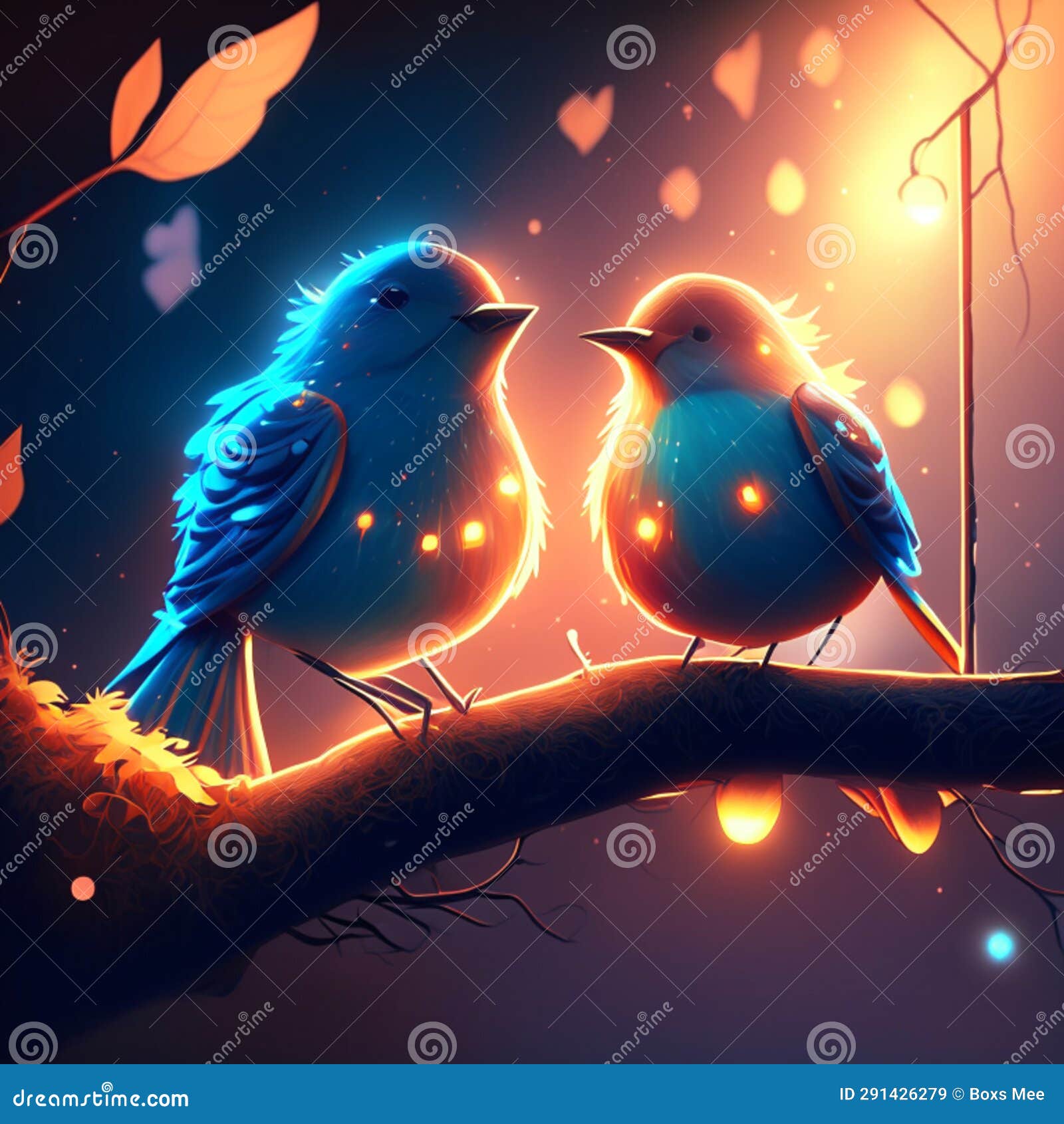 Two Blue Birds Sitting On A Branch In The Evening Vector Illustration