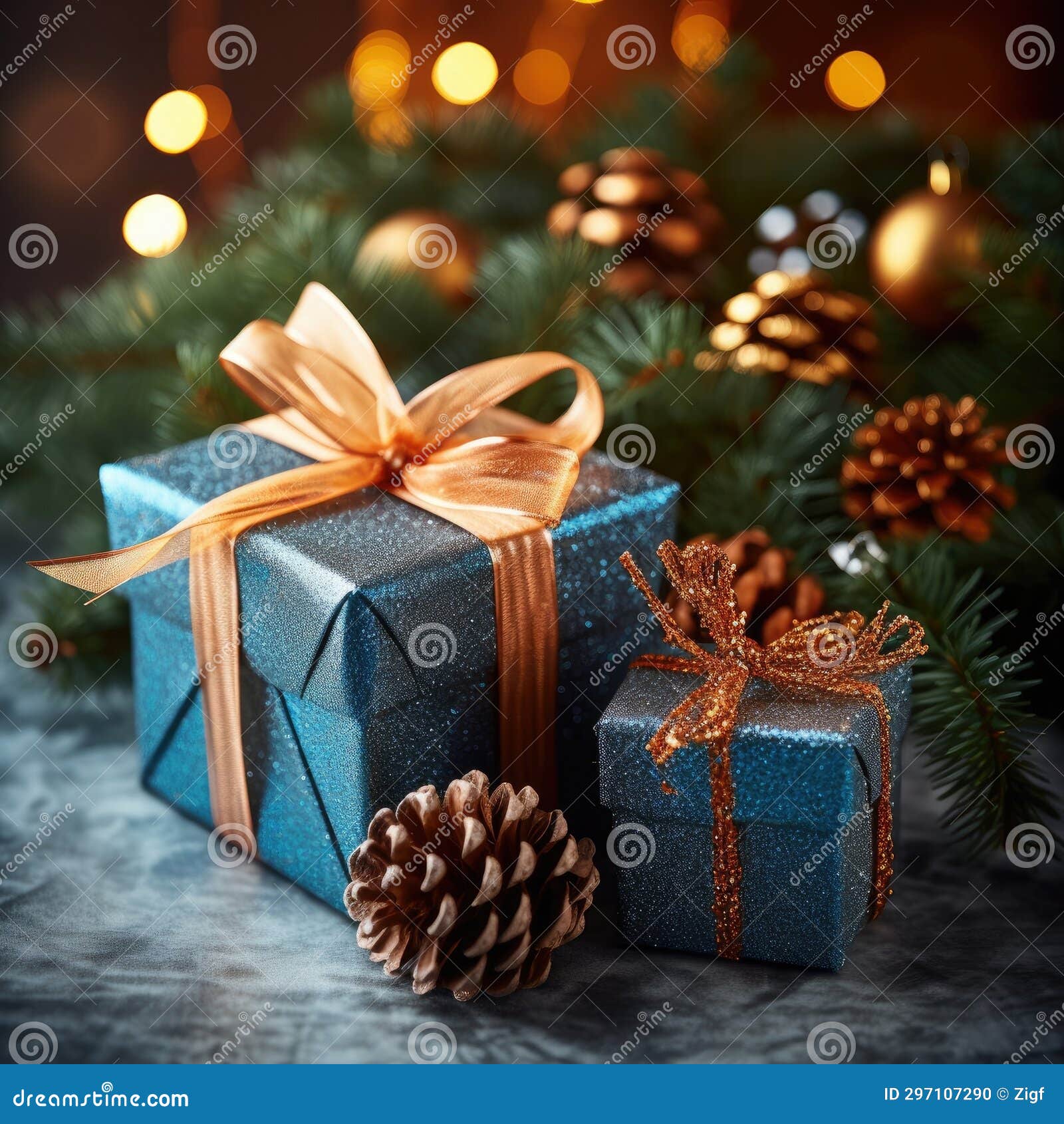 Two Blue Gift Boxes on a Dark Background with Pine Cones Stock