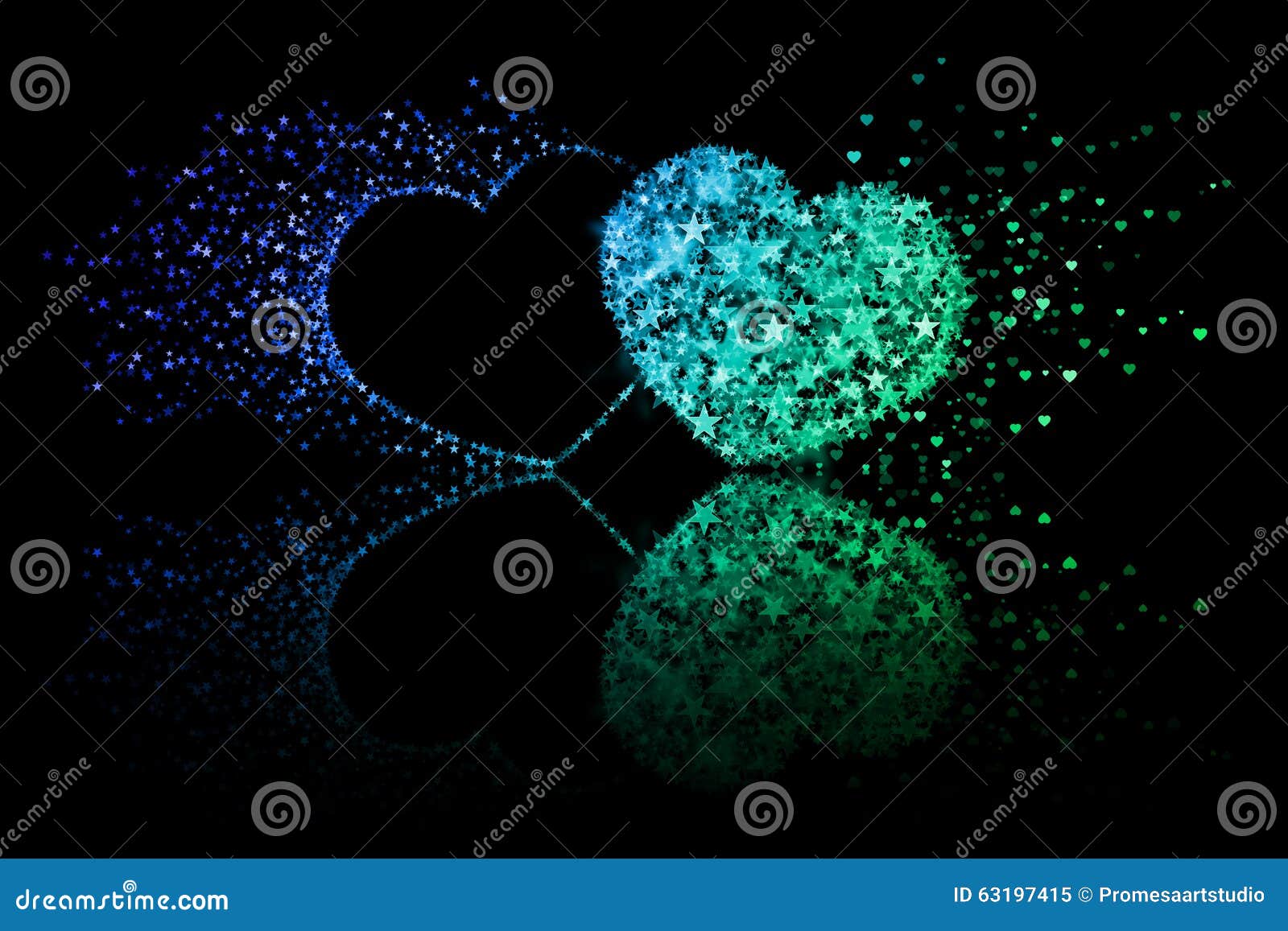 Two Blue and Green Hearts on Black Background with Reflection Effect