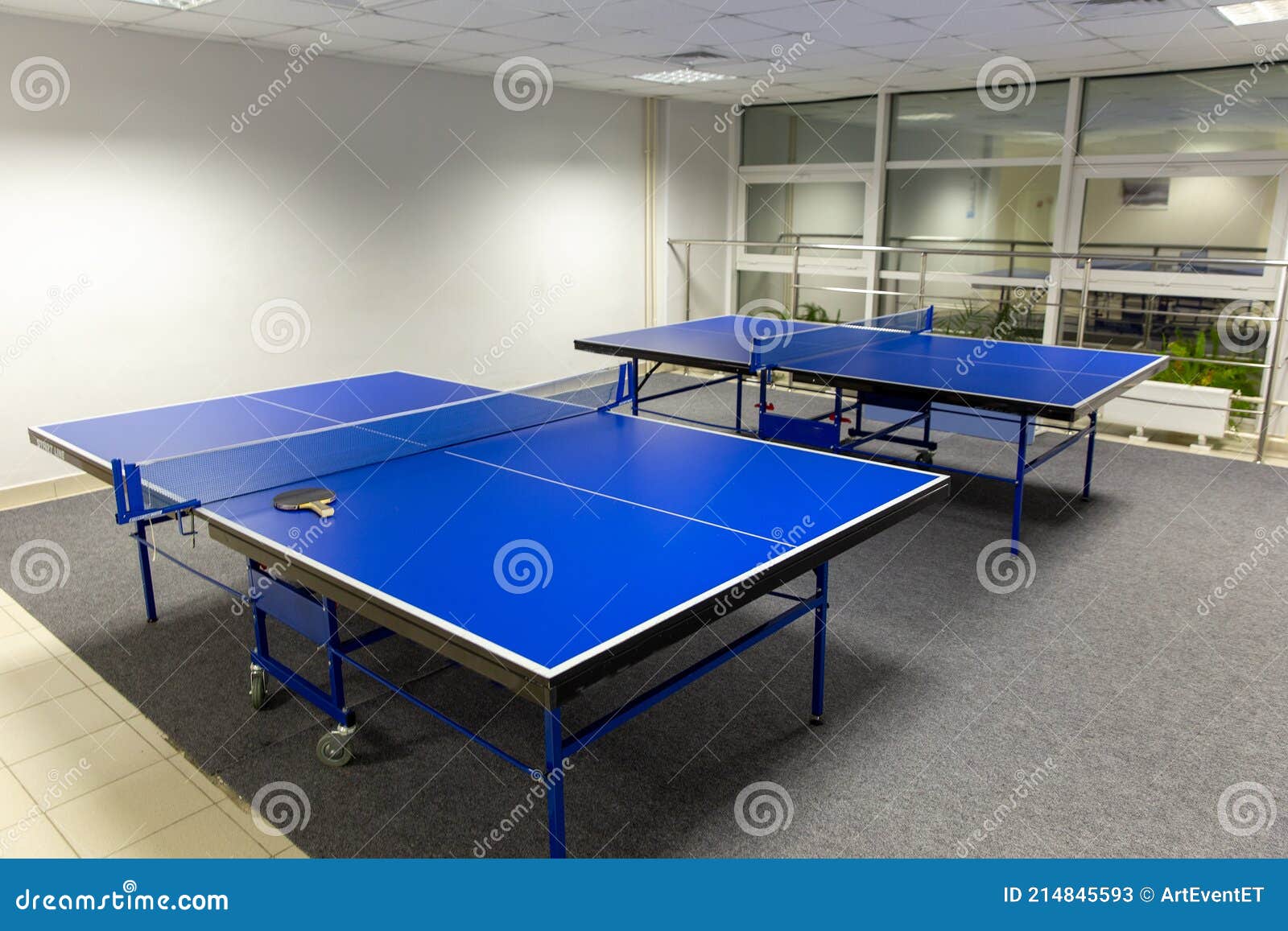 Two Blue Ping Pong Tables in Room Stock Image Image of lamp