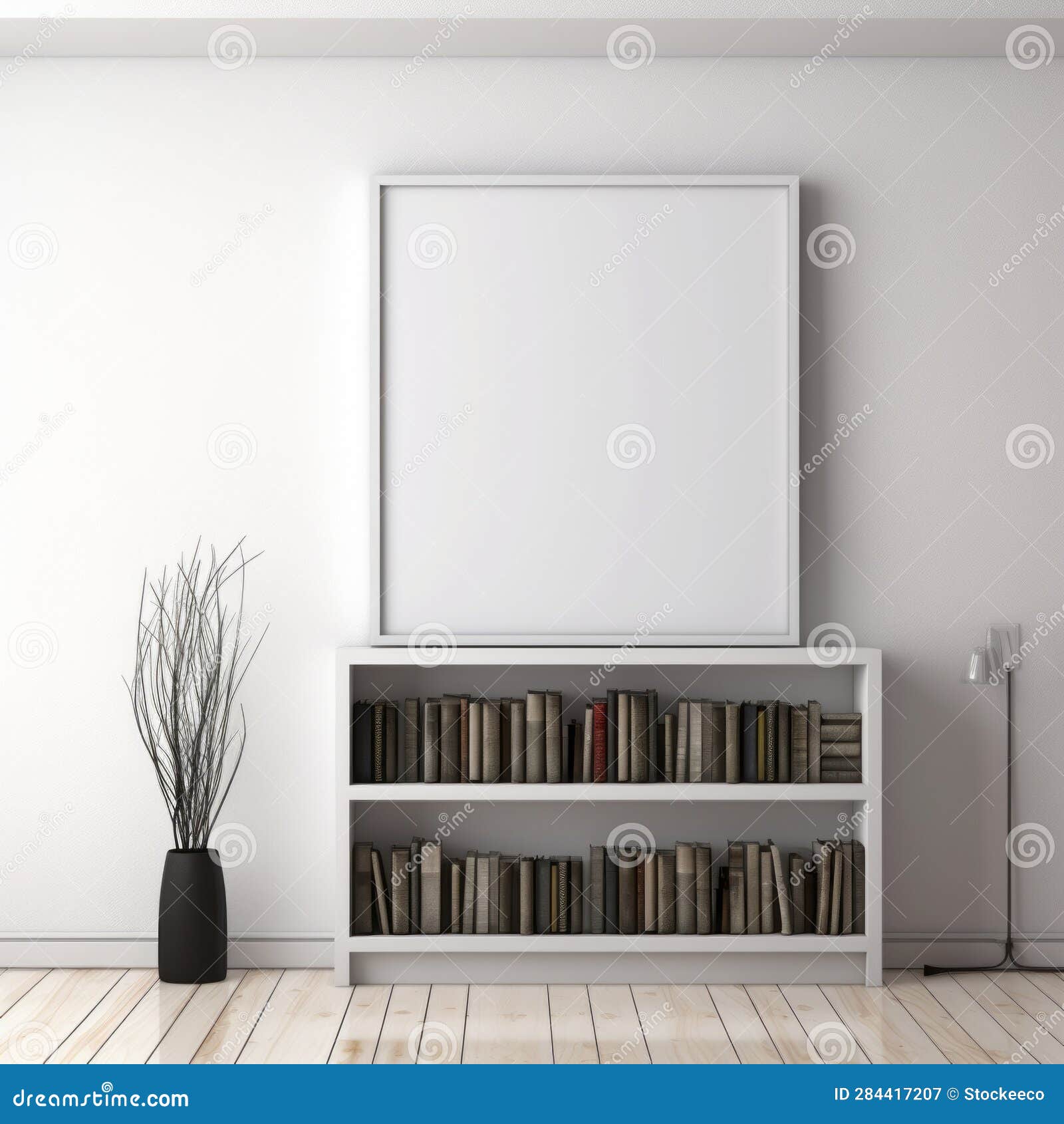 minimalist bookcase with large blank frame and plant on shelf