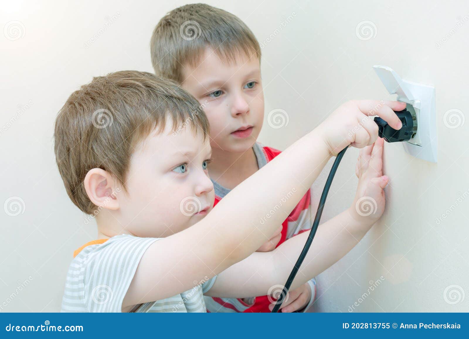 Two Boy Brothers with Interest and Curiosity Insert the Plug into the