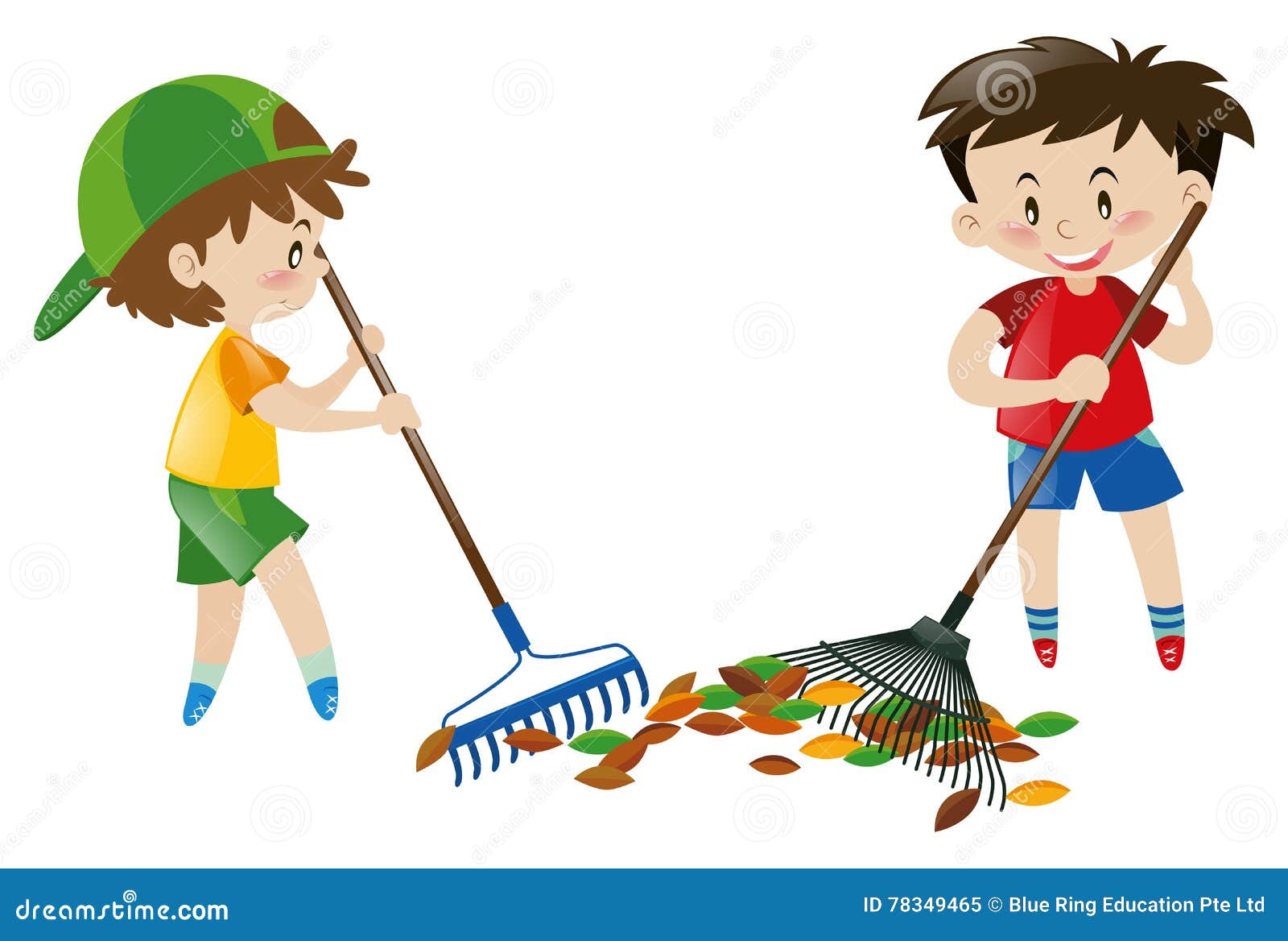 Two Boy Sweeping Leaves with Rakes Stock Vector - Illustration of cute ...