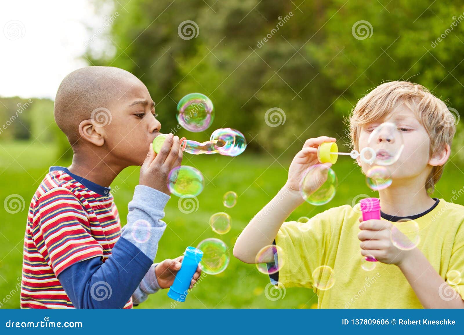 Two Boys in Kindergarten Make Soap Bubbles Stock Photo Image of game