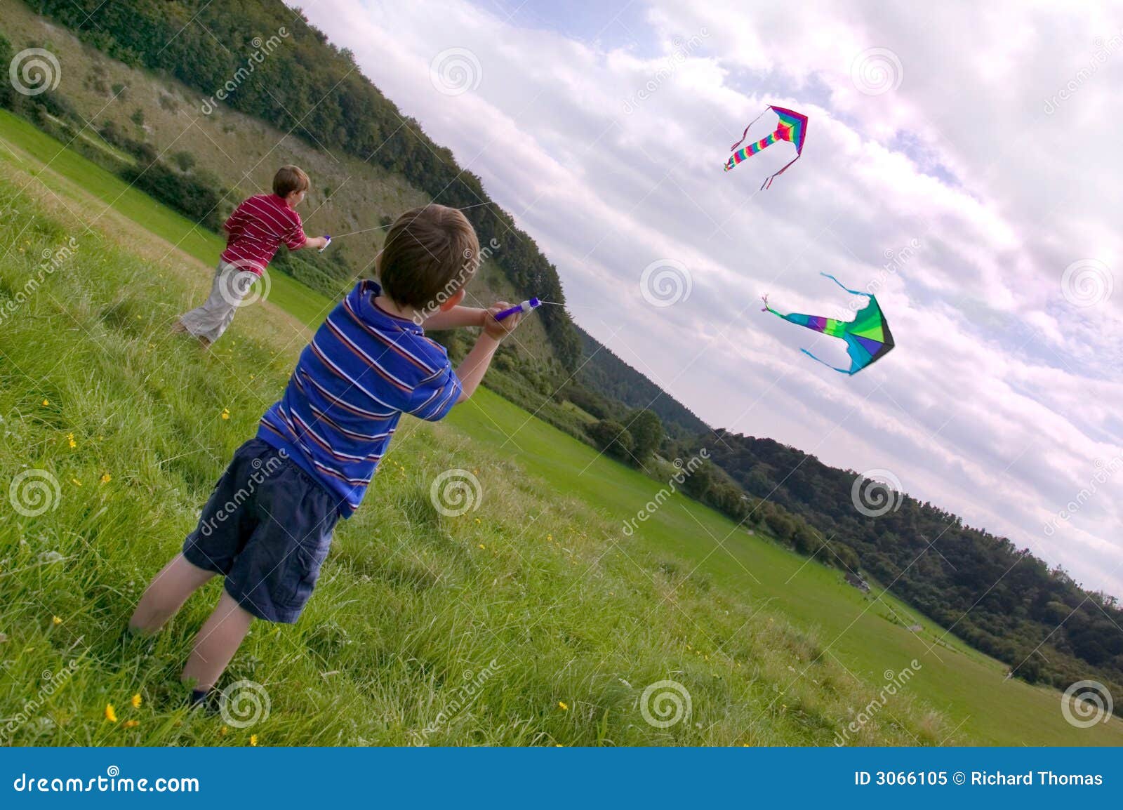 Two boys with kites. stock image. Image of meadow, toys 3066105